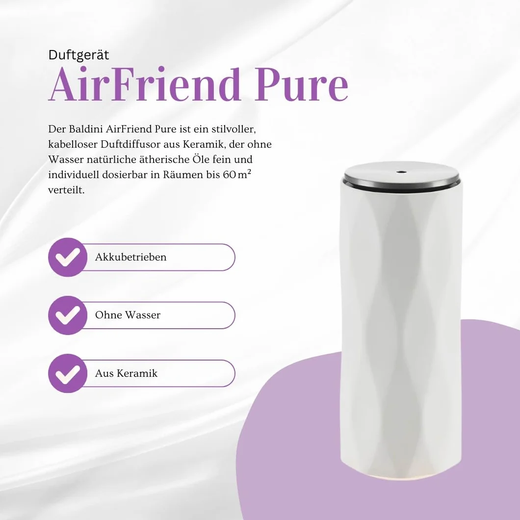 AirFriend PureBaldini AirFriend Pure – bezprzewodowy dyfuzor aromatów z ceramiki – do olejków eterycznych – bez wody – z akumulatorem i funkcją światła – biały – do 60 m²