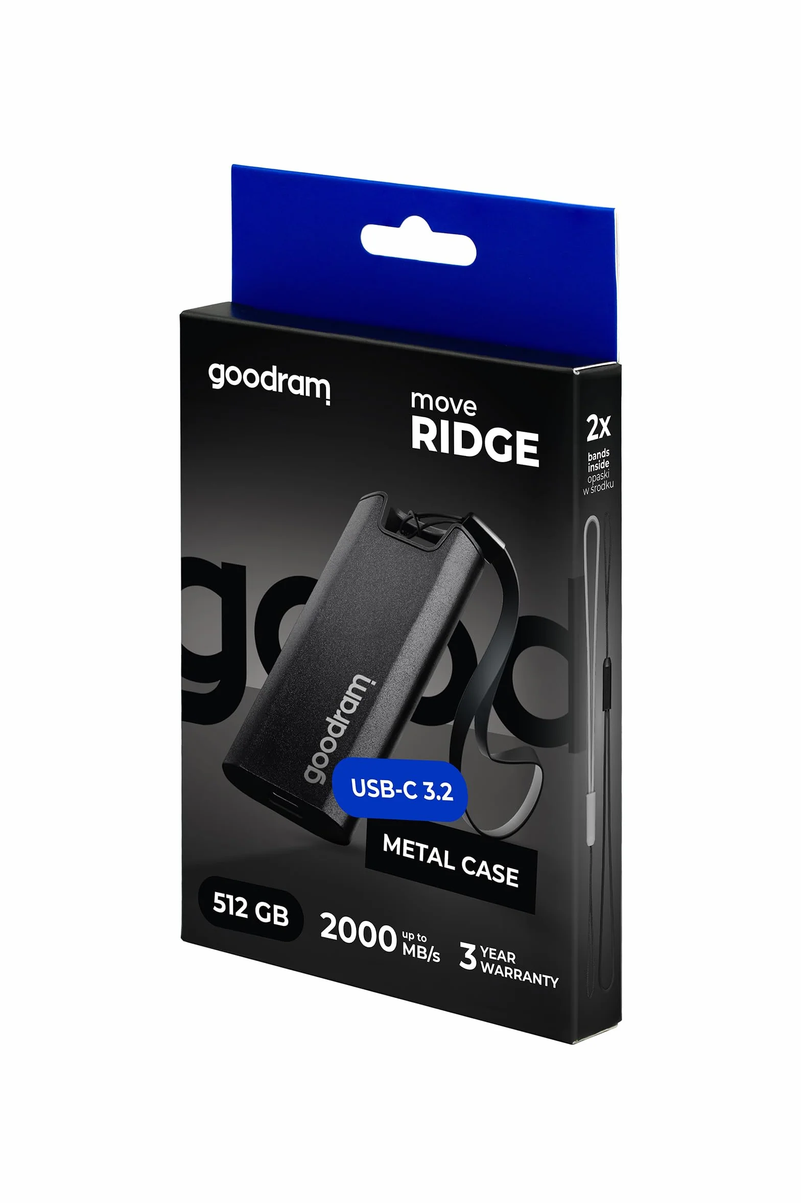 GoodRam Move Ridge Black Zewnętrzny dysk SSD 512GB USB 3.2 Gen. 2 x2 Type-C 2000 MB/s Odczytu 1500 MB/s Zapisu Metalowa Obudowa