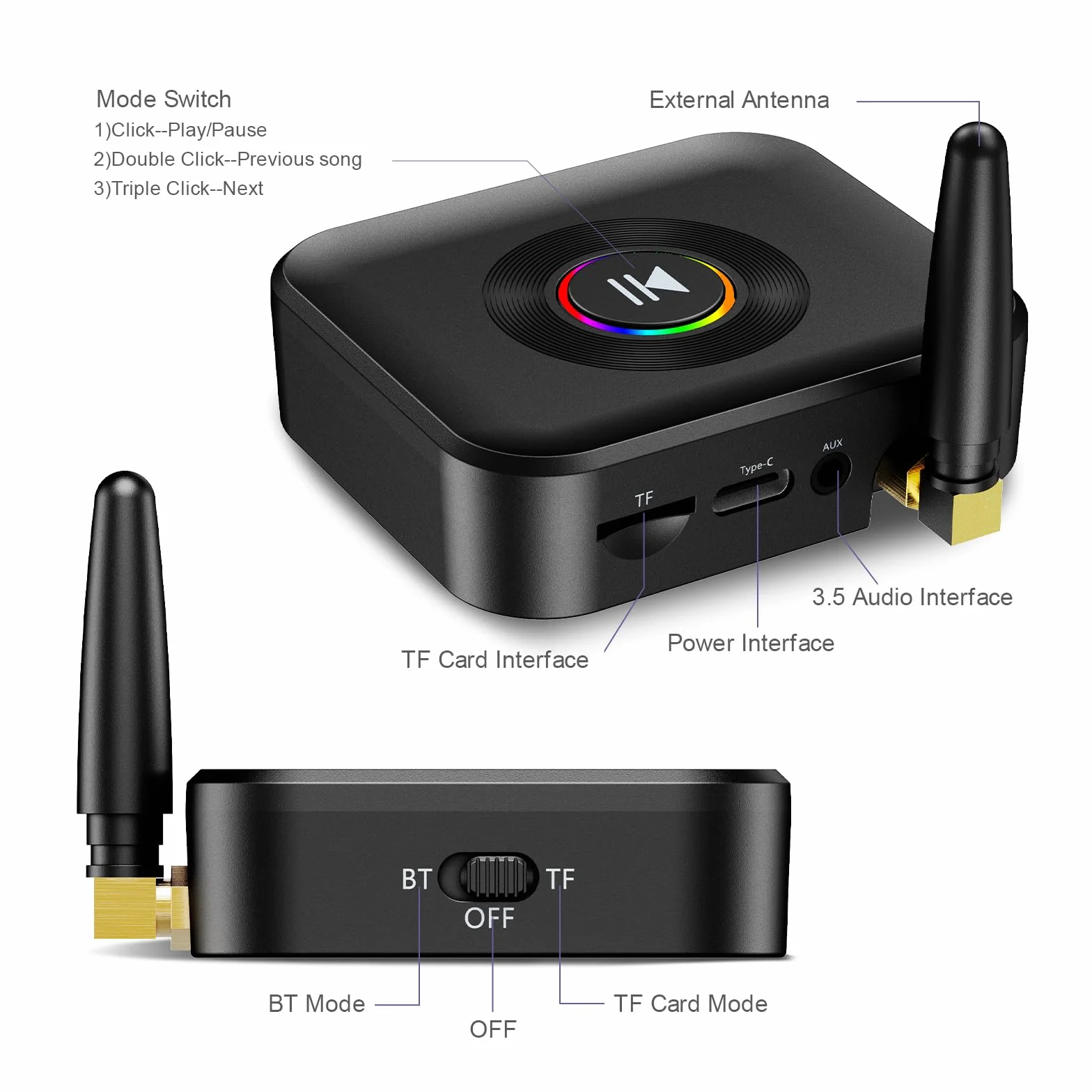 Adapter Aux Bluetooth, odbiornik Bluetooth 5.1 ze światłem otoczenia RGB, obsługa karty FT, 3,5 mm AUX na Bluetooth, niskie opóźnienie, podwójne połączenie, bezprzewodowy adapter audio do