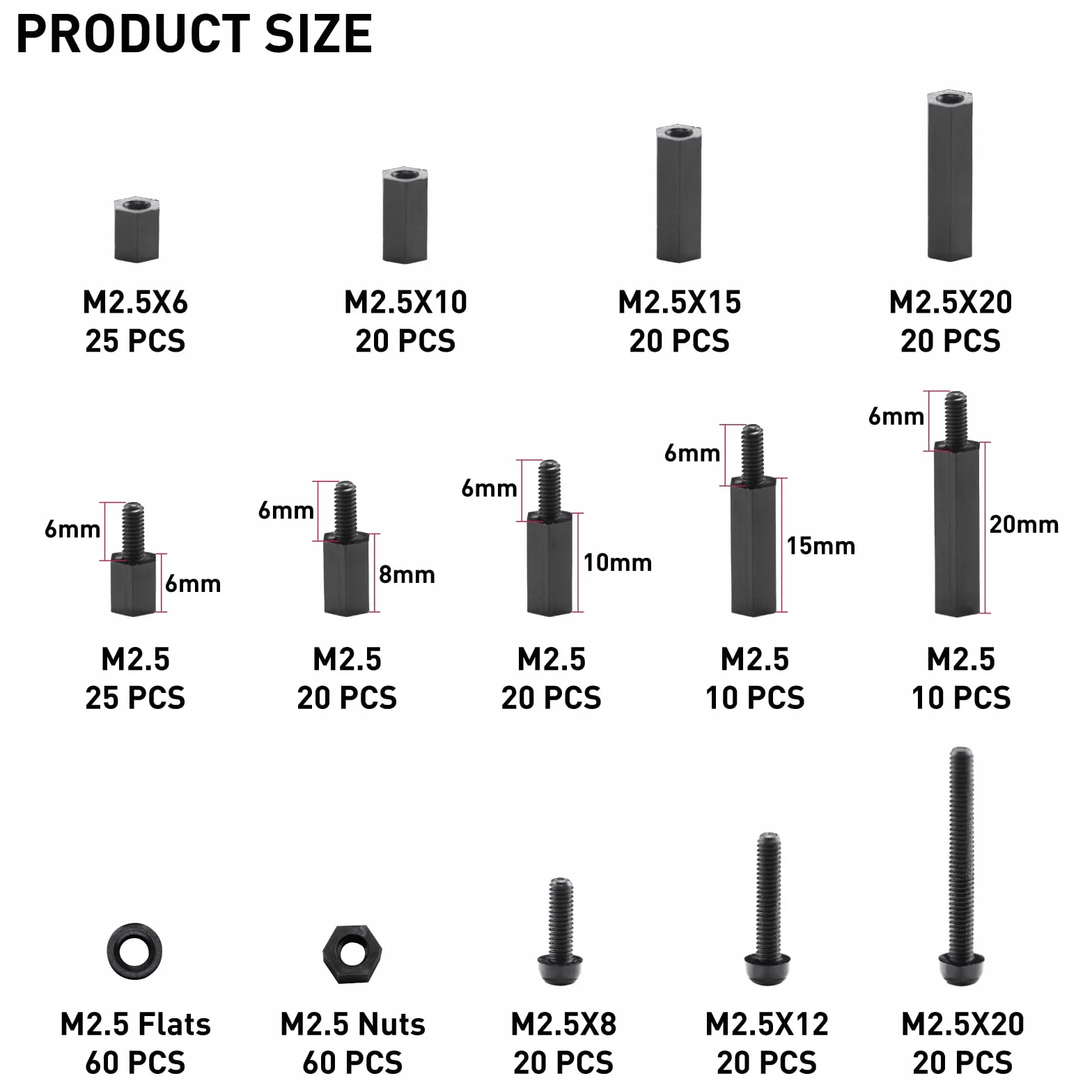 Zestaw 350 sztuk śrub M2,5, dystansowe płyty głównej, zestaw śrub z tworzywa sztucznego i nakrętek, męskie żeńskie dystansowe płytek PCB tuleje dystansowe, zestaw śrub nylonowych i nakrętek (czarne)