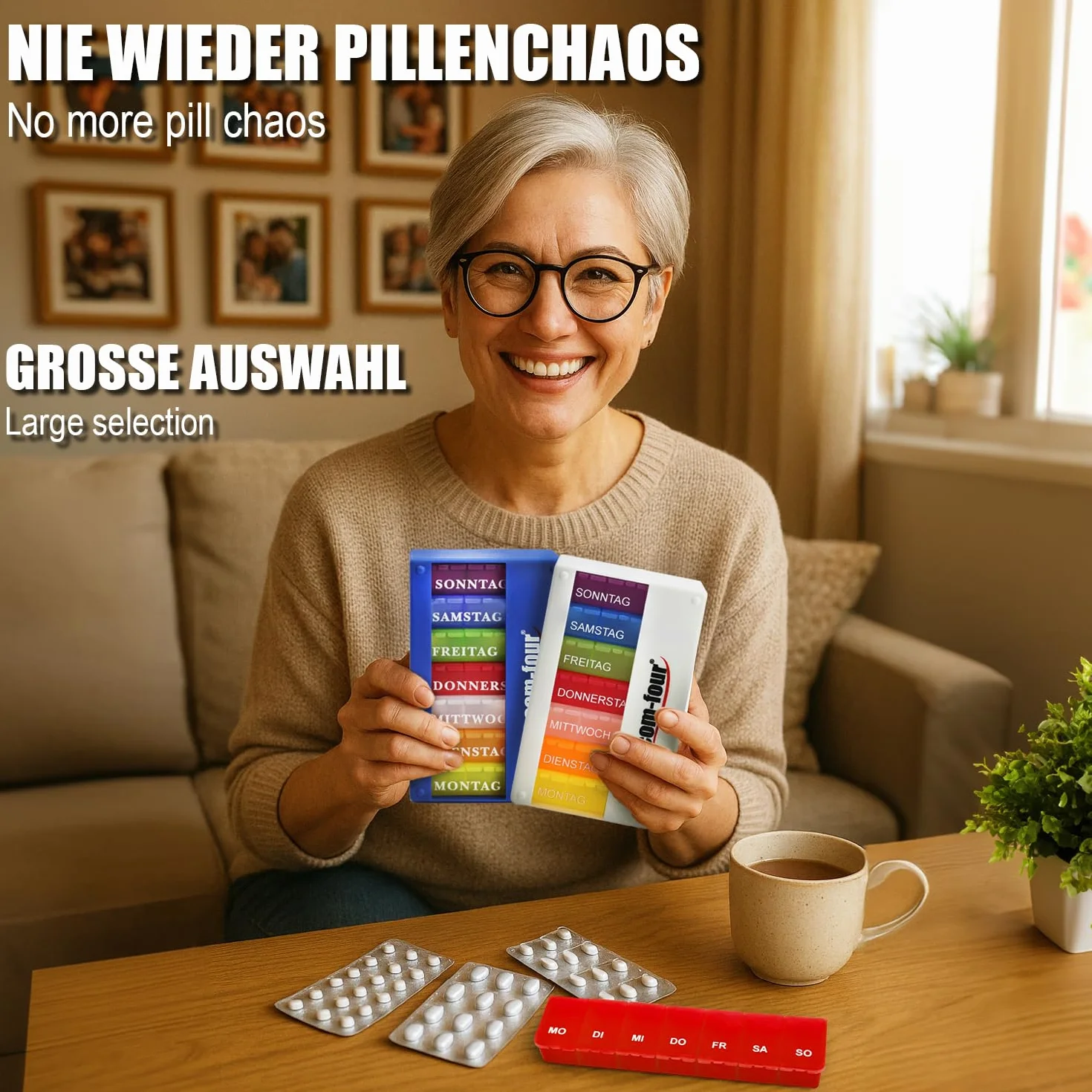 COM-FOUR® Dozownik leków w jezyku angielskim - Pudelko na leki na 7 dni - Pudelko na pigulki - Pudelko na tabletki [ANGIELSKI] (czerwony + niebieski)