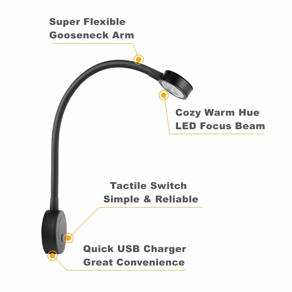 acegoo Lampa do czytania 12V, lampka nocna LED do czytania elastyczna gęsia szyja DC12-24 V oświetlenie wewnętrzne łóżka z przyciskiem ściemniaczem i ładowarka USB do łodzi kampera kampera