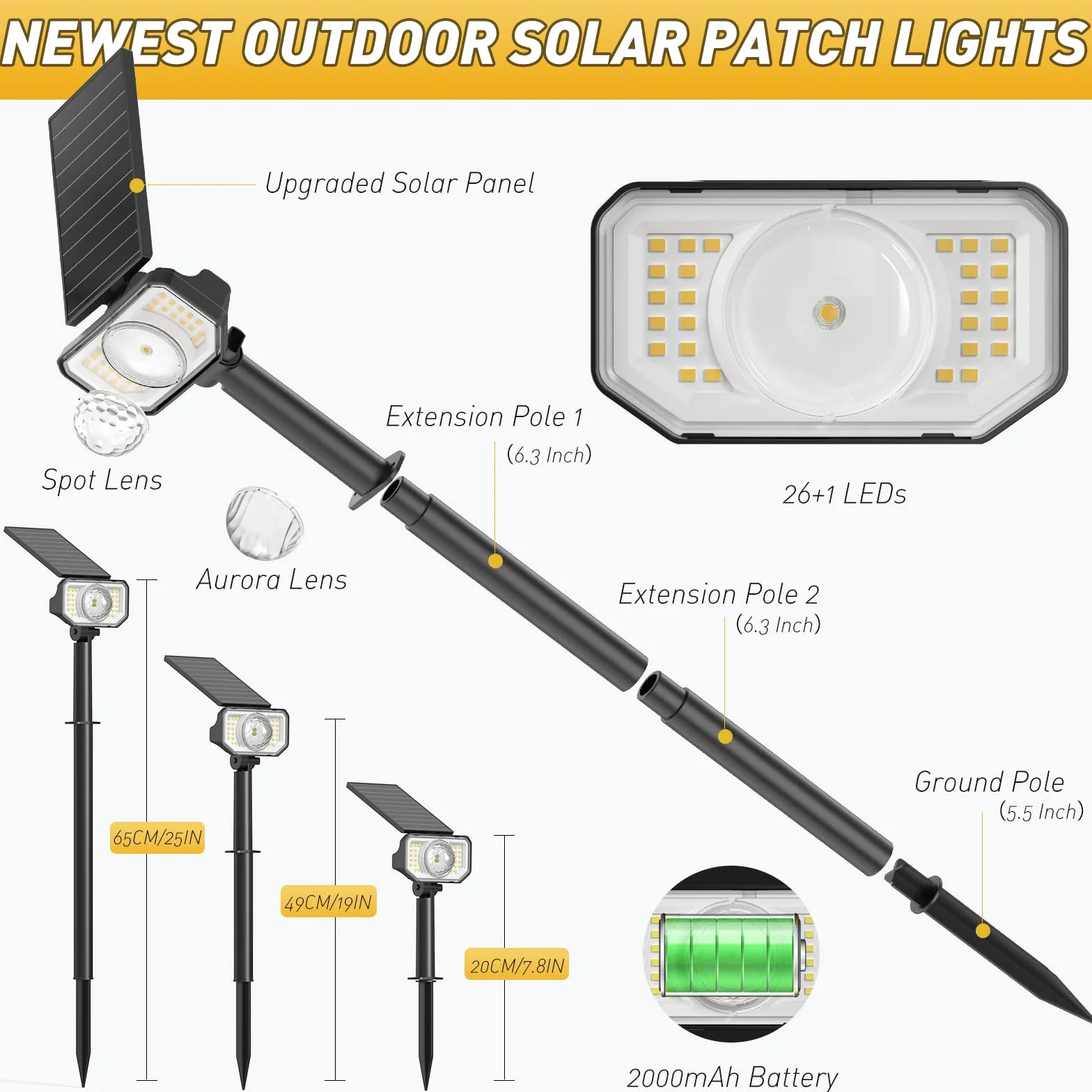 Quntis 26+1 LEDs Solar Garden Solar Light Warm White Solar Reflektor LED z 2 soczewkami, 3 tryby światła słonecznego na zewnątrz lampy na podwórko, patio, chodnik, trawnik, podjazd