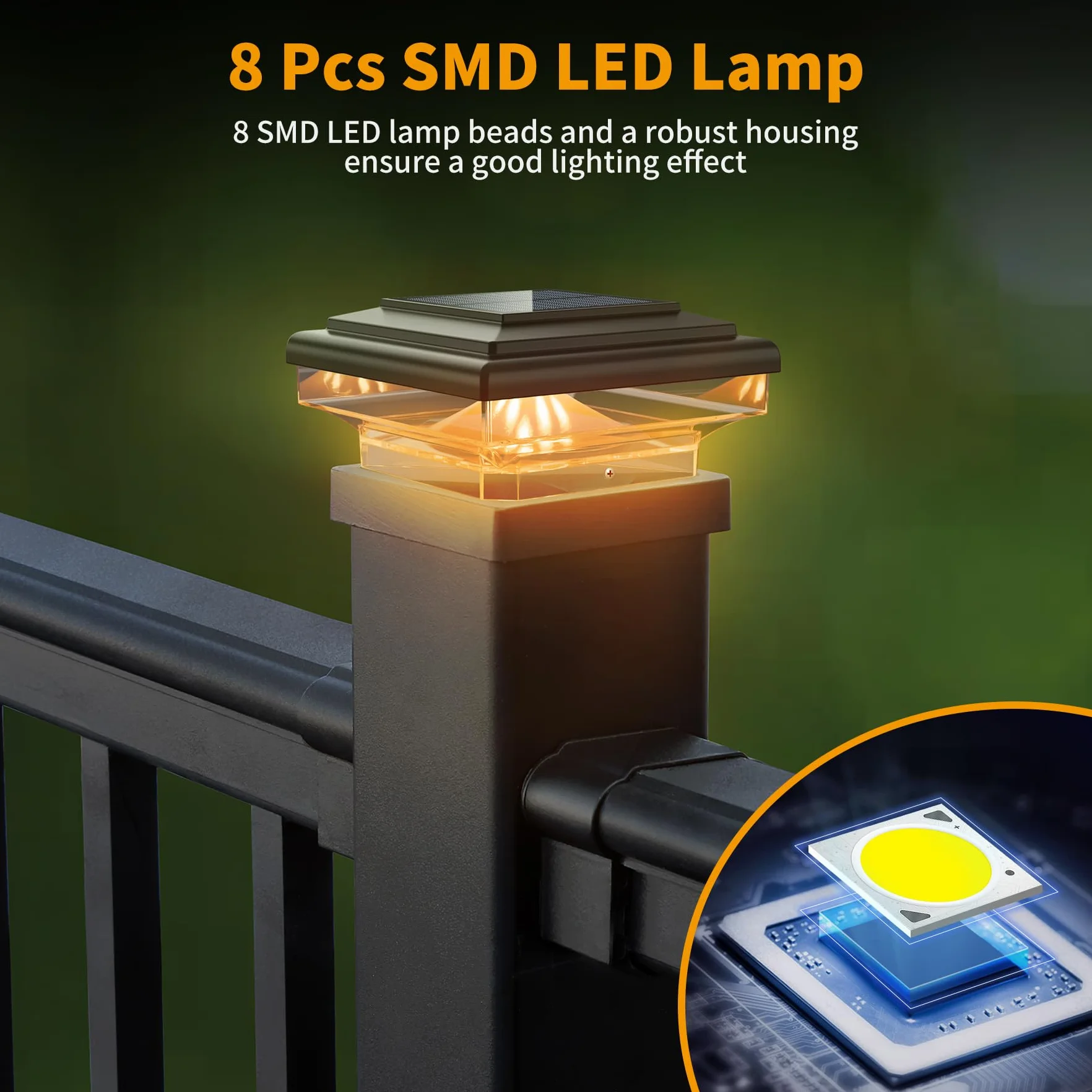 Zestaw 2 lamp solarnych z nasadkami ochronnymi, 8 diod LED, wodoszczelne solarne światła IP65, zewnętrzne, ogrodowe lampy solarne, do słupków ogrodzeniowych 70 mm/80 mm/90 mm/100 mm (76 x 76