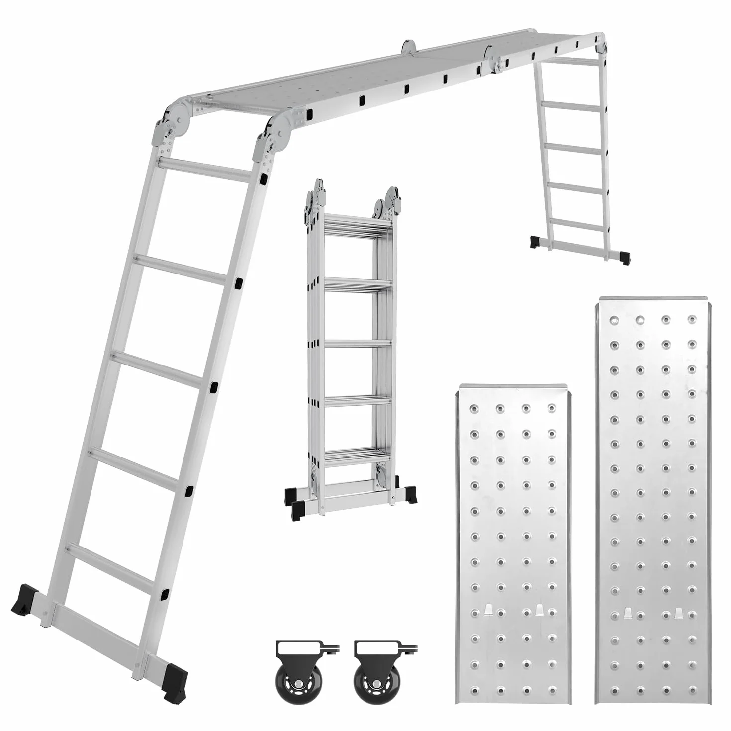 5,8 m drabina wielofunkcyjna 4 x 5 m, składana drabina robocza 7 w 1, drabina wielofunkcyjna z aluminium, 2 płyty rusztowania i 2 rolki, 20 stopni, do 150 kg