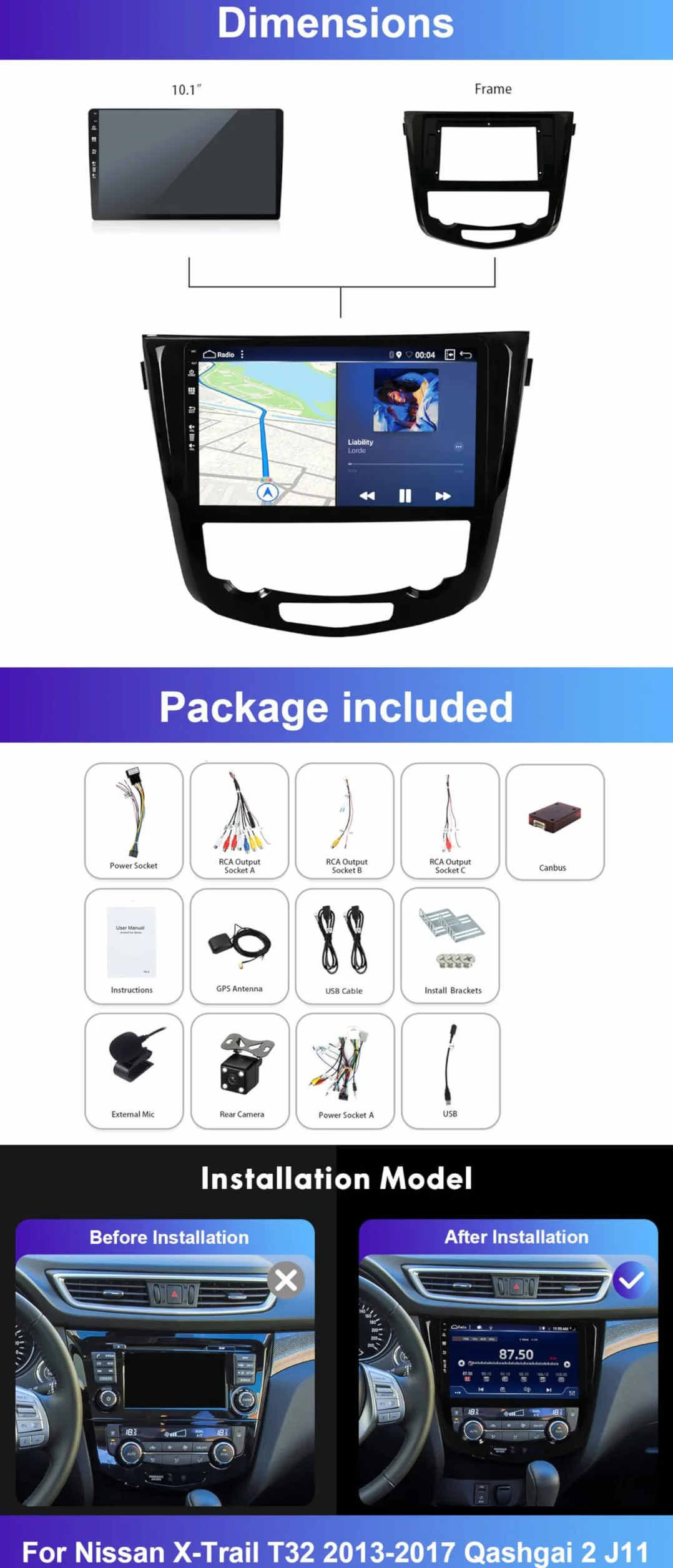 25.4 cm IPS 6G+128G Double Din Android 14 do Nissan X-Trail/T32/Qashqai/J11/T31/J10 2013-2017 Radioodtwarzacz GPS Navi SWC USB DAB FM AM WiFi Carplay DSP