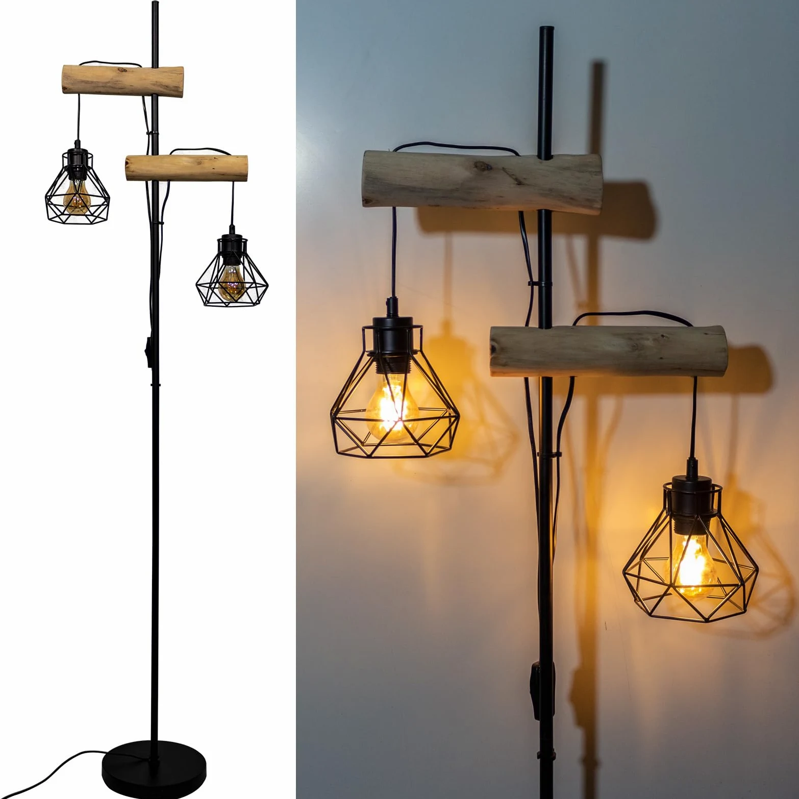 lampa stojąca drewniana do salonu z metalem: lampy stojące z diamentowymi abażurami (żarówka nie jest w zestawie) Nowoczesna dekoracyjna lampa salonowa z podwójnym włącznikiem lampa do łóżka