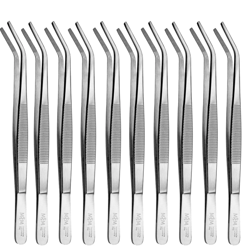 May - Zestaw – 10 x uniwersalna pęseta 20 cm – pęseta do gospodarstwa domowego – wygięta – okrągła końcówka – wyprofilowana od wewnątrz – stal nierdzewna