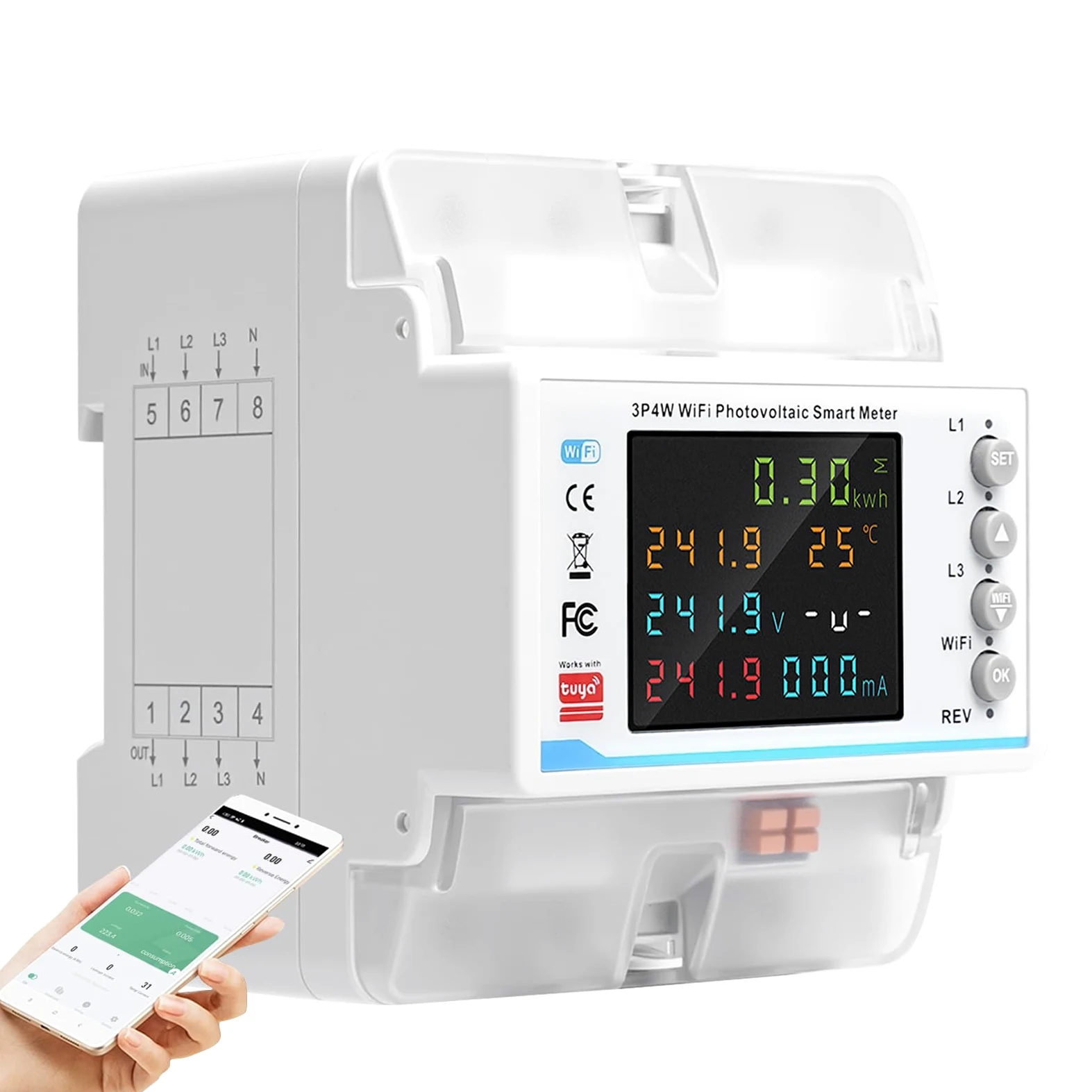 Licznik prądu 3-fazowego 100 A 380 V AC licznik prądu trójfazowego Smart Meter WLAN, licznik dwukierunkowy ze sterowaniem czasem/zbyt niskim napięciem/nadprądem/trójfazową niesymetrią / utratą fazy