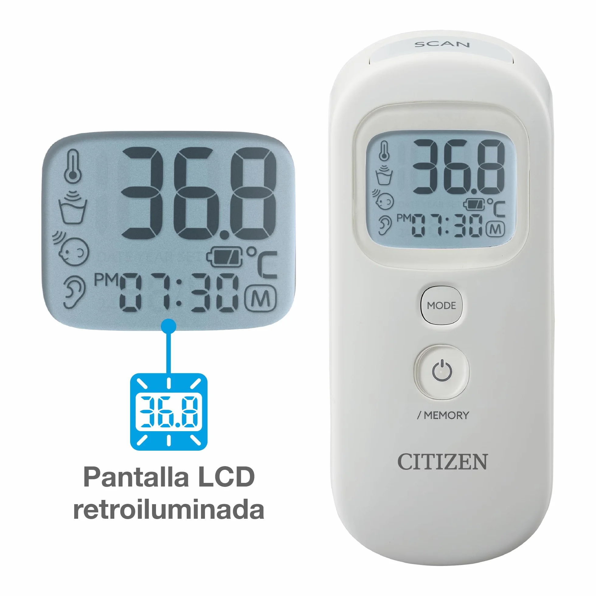 Citizen CTD711 Cyfrowy termometr do czoła i uszu dla dorosłych, dzieci i niemowląt. 4 tryby. Temperatura ucha, czoła i powierzchni. Bardzo szybki pomiar - tylko 1 sekunda biały