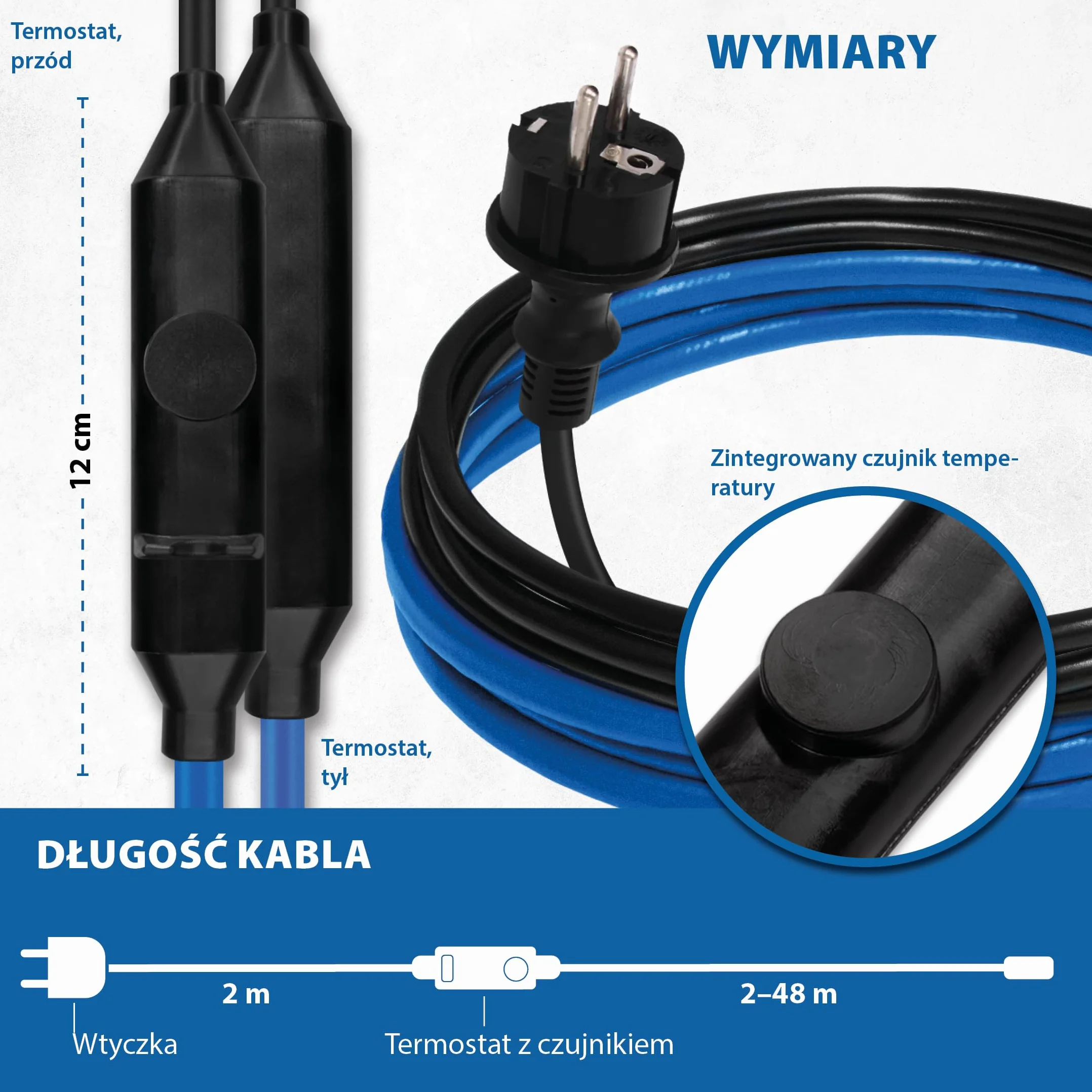 Kabel grzejny przeciwzamrożeniowy 15 W/m 12 m z termostatem +5°C/+15°C