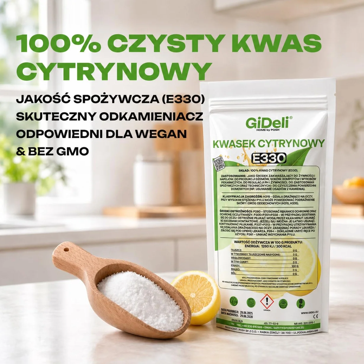 GiDeli Kwas Cytrynowy 100g - E330 Jakość Spożywcza w Proszku - Regulator Kwasowości Idealny do Czyszczenia, Odkamieniania, Pieczenia i Gotowania - Produkt Naturalny bez GMO