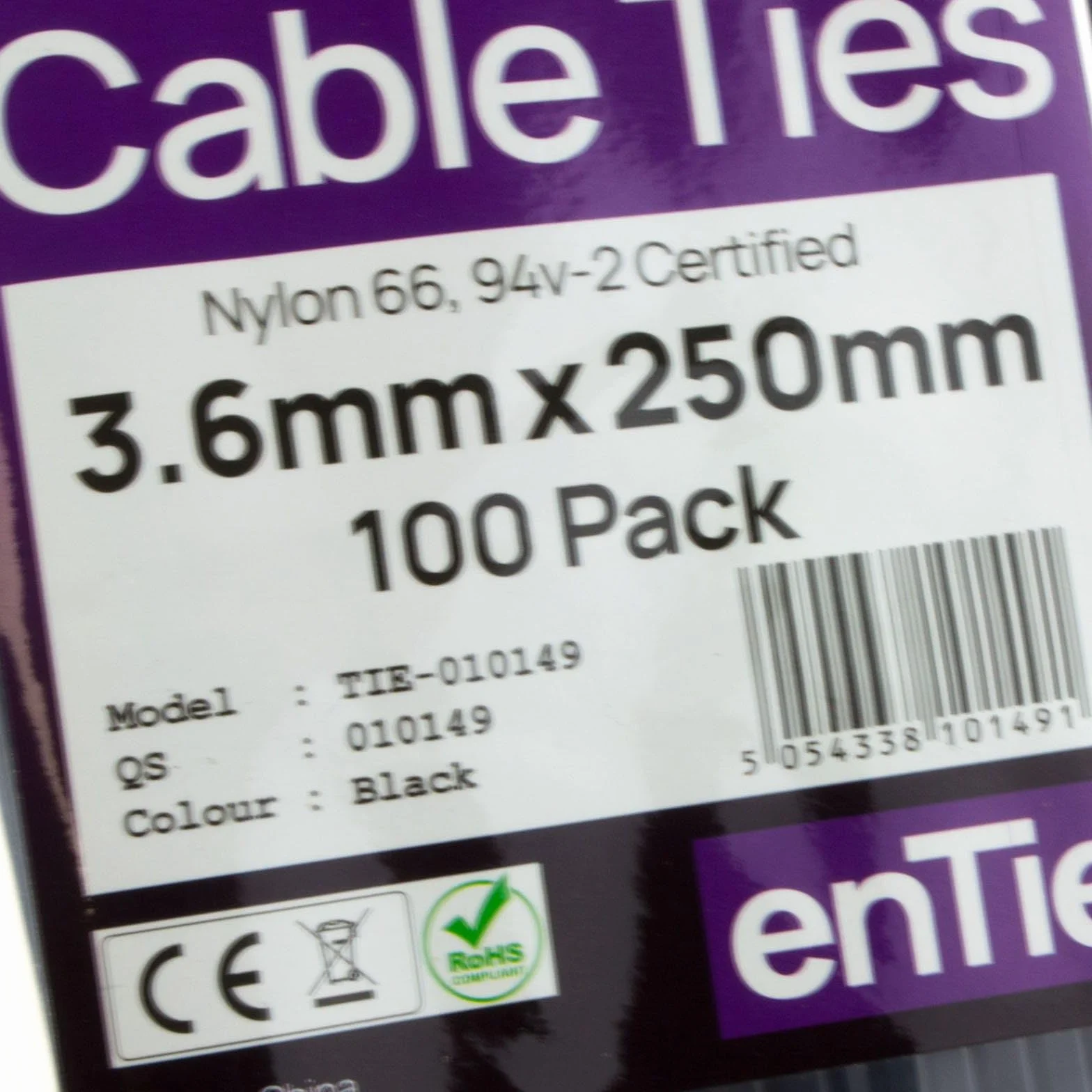 enTie Czarny kabel wiązany 3,6 mm x 250 mm nylon 66 UL certyfikat [100 opakowanie] [250 mm x 3,6 mm]