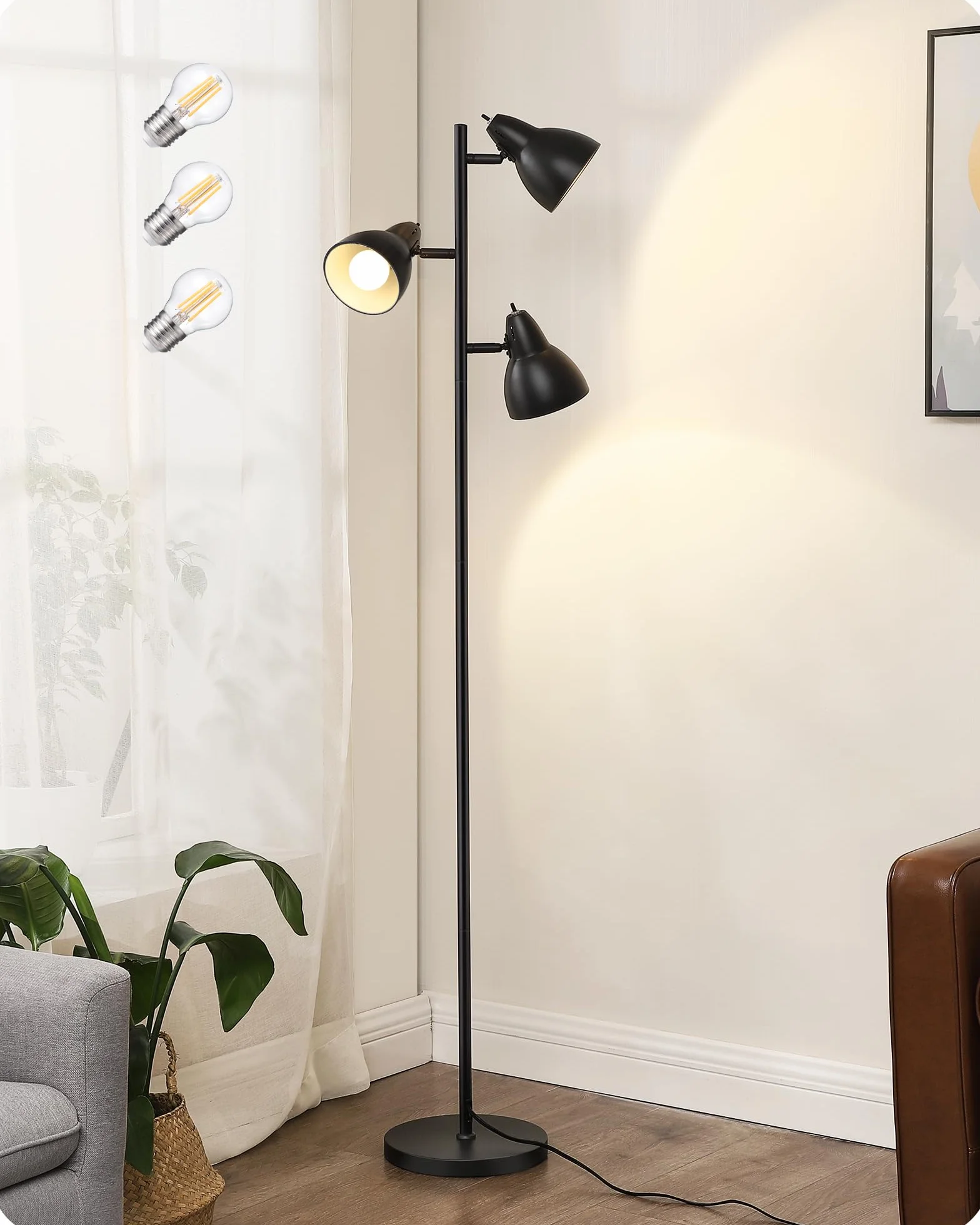 EDISHINE Lampa podłogowa do salonu, wychylna, 3 światła, ściemniana dioda LED | 2700 K ciepła biel, oprawka E27, z pojedynczym przełącznikiem, lampa podłogowa 163 cm do sypialni i biura, czarna