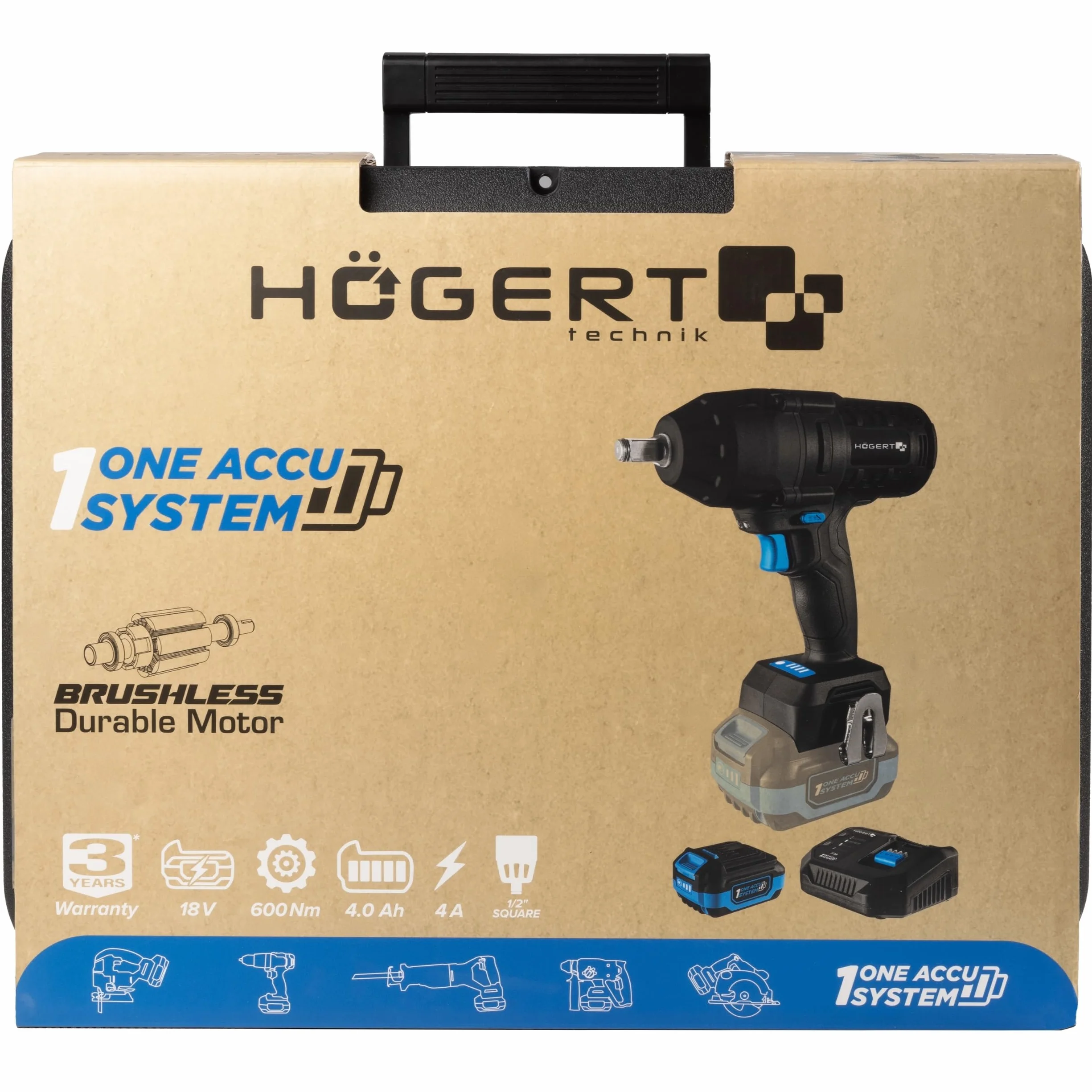 Högert Technik Akumulator, bezszczotkowy zestaw wkrętarek udarowych 18 V, moment obrotowy 600 Nm, akumulator 4,0 Ah, ładowarka 4 A, walizka, silnik bezszczotkowy, oświetlenie LED, do warsztatów