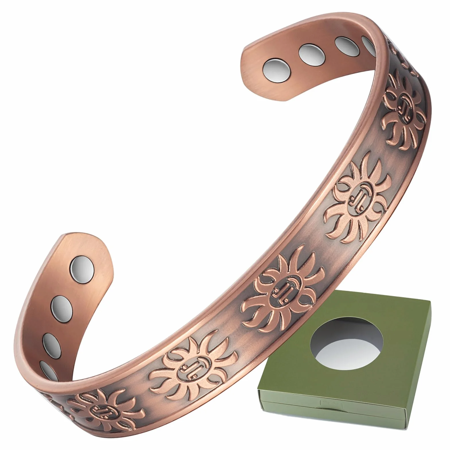MacCopper Męska bransoletka miedziana, 99,9% czystej miedzi, magnetyczna bransoletka z 8 magnesami, 16,5 cm, regulowane magnesy, biżuteria z pudełkiem na biżuterię, miedź A