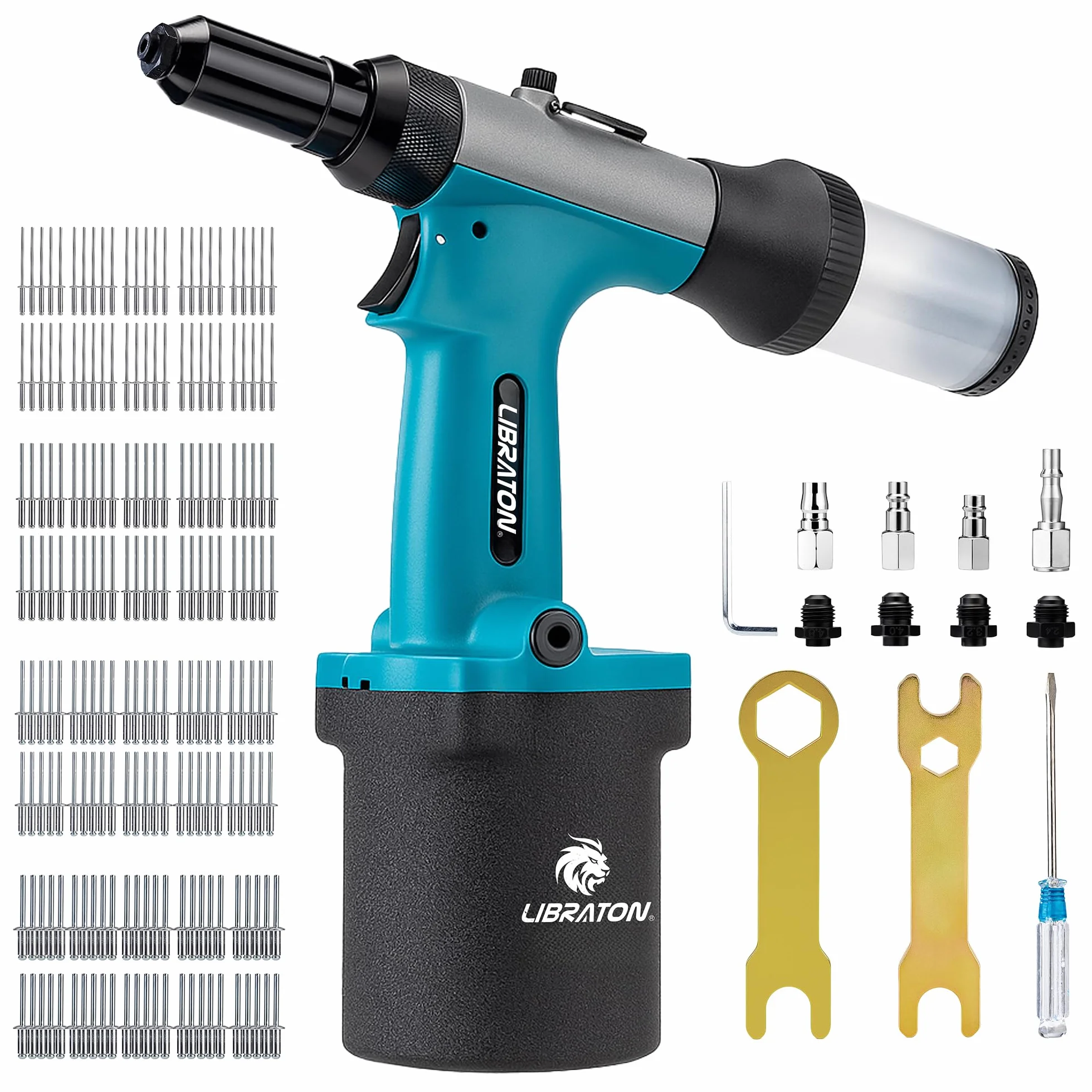 LIBRATON Zestaw nitownic pneumatycznych, pistolet do nitowania pneumatycznego o dużej wytrzymałości 2,4 mm, 3,2 mm, 4 mm, 4,8 mm z 200 nitami, profesjonalne narzędzie do naprawy samochodu, konstrukcja
