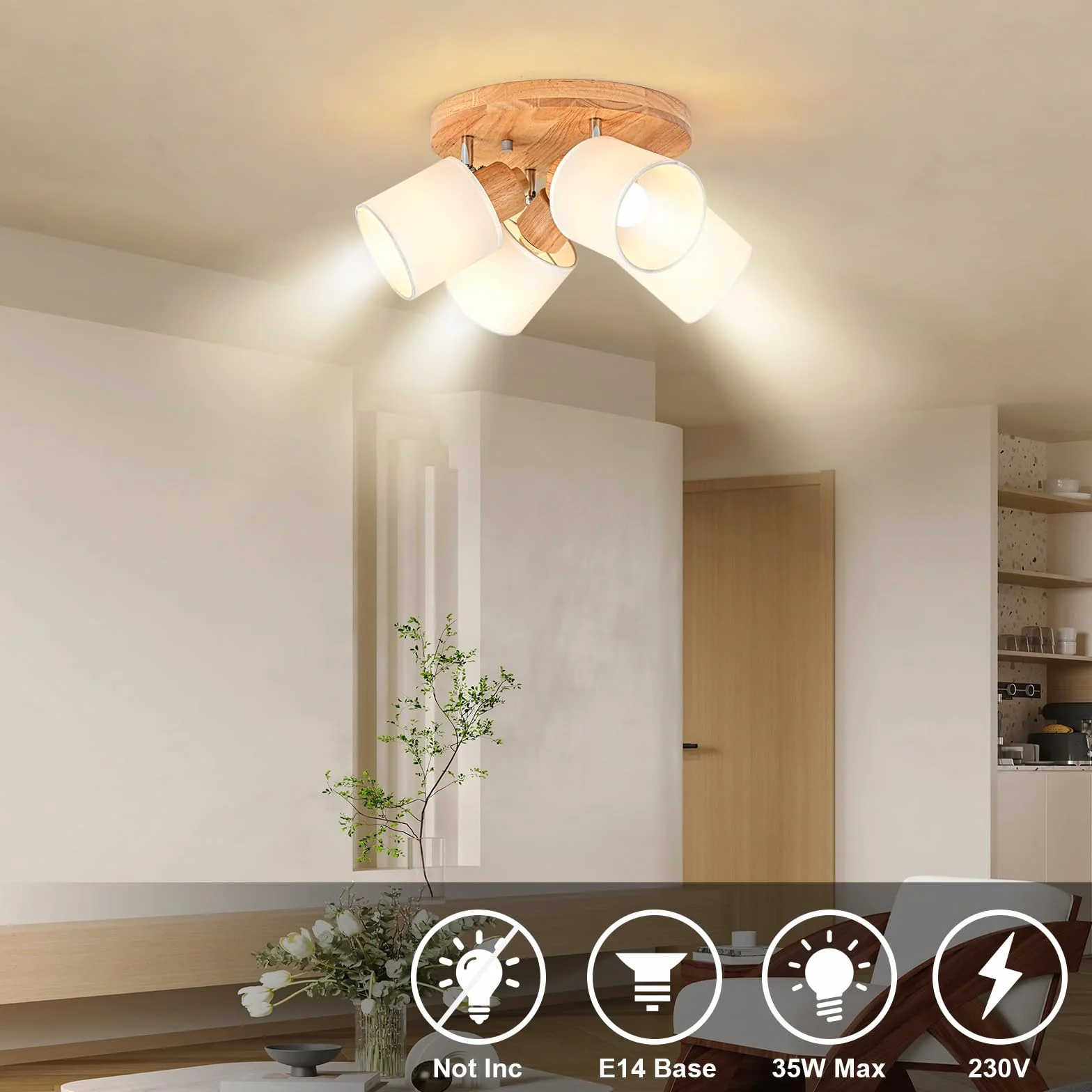Lampa sufitowa 4 obrotowe reflektory, okrągłe drewno oświetlenie sufitowe oprawa wewnętrzna Retro E14 kinkiet do salonu, sypialni, kuchni, jadalni 230 V, bez żarówek