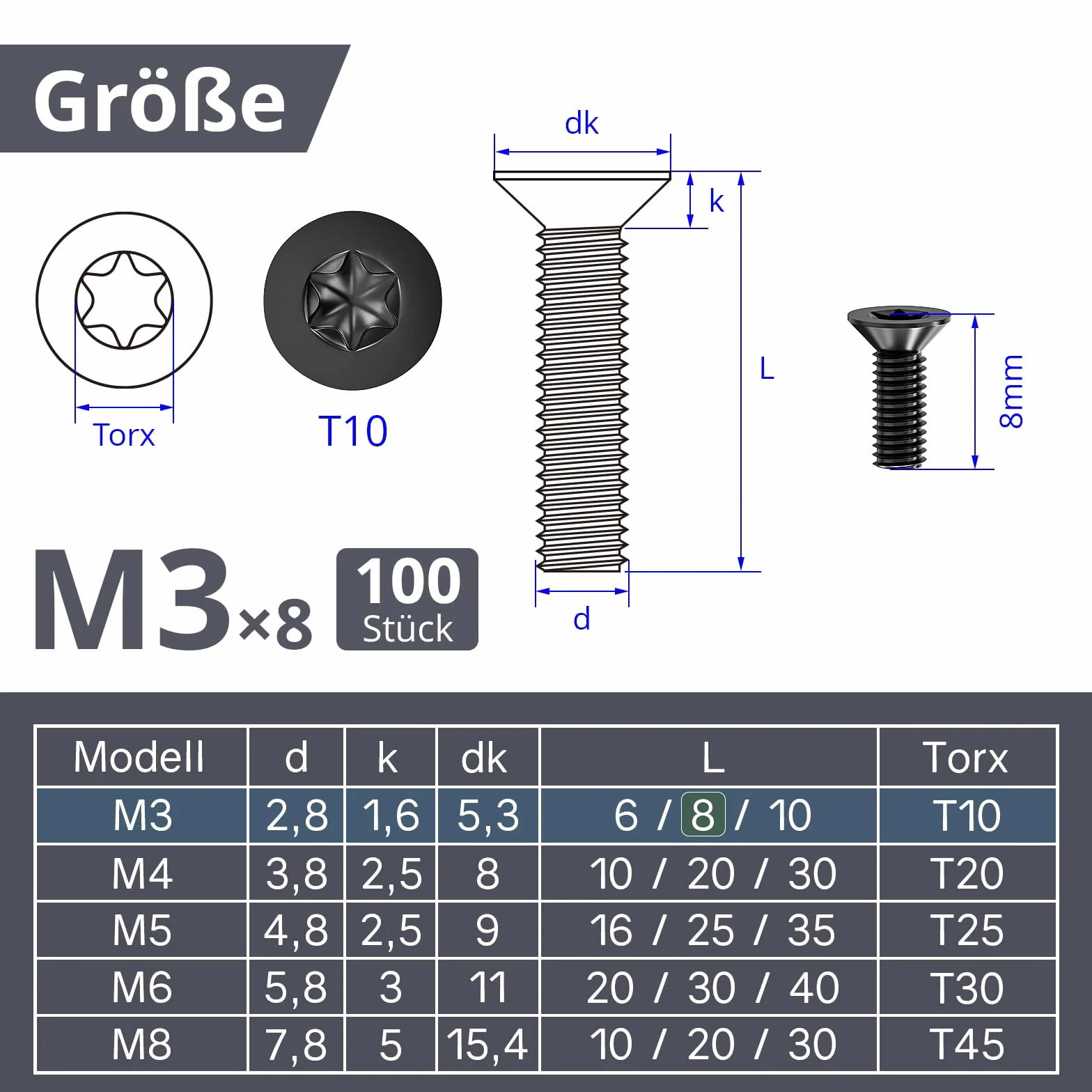 ORTAVA 100 sztuk śrub z łbem wpuszczanym M3 x 8 mm, M3 śruby z łbem wpuszczanym Torx ze stali nierdzewnej 304, śruba z łbem wpuszczanym z gniazdem sześciokątnym / Torx (ISR/TX) zgodnie z normą ISO