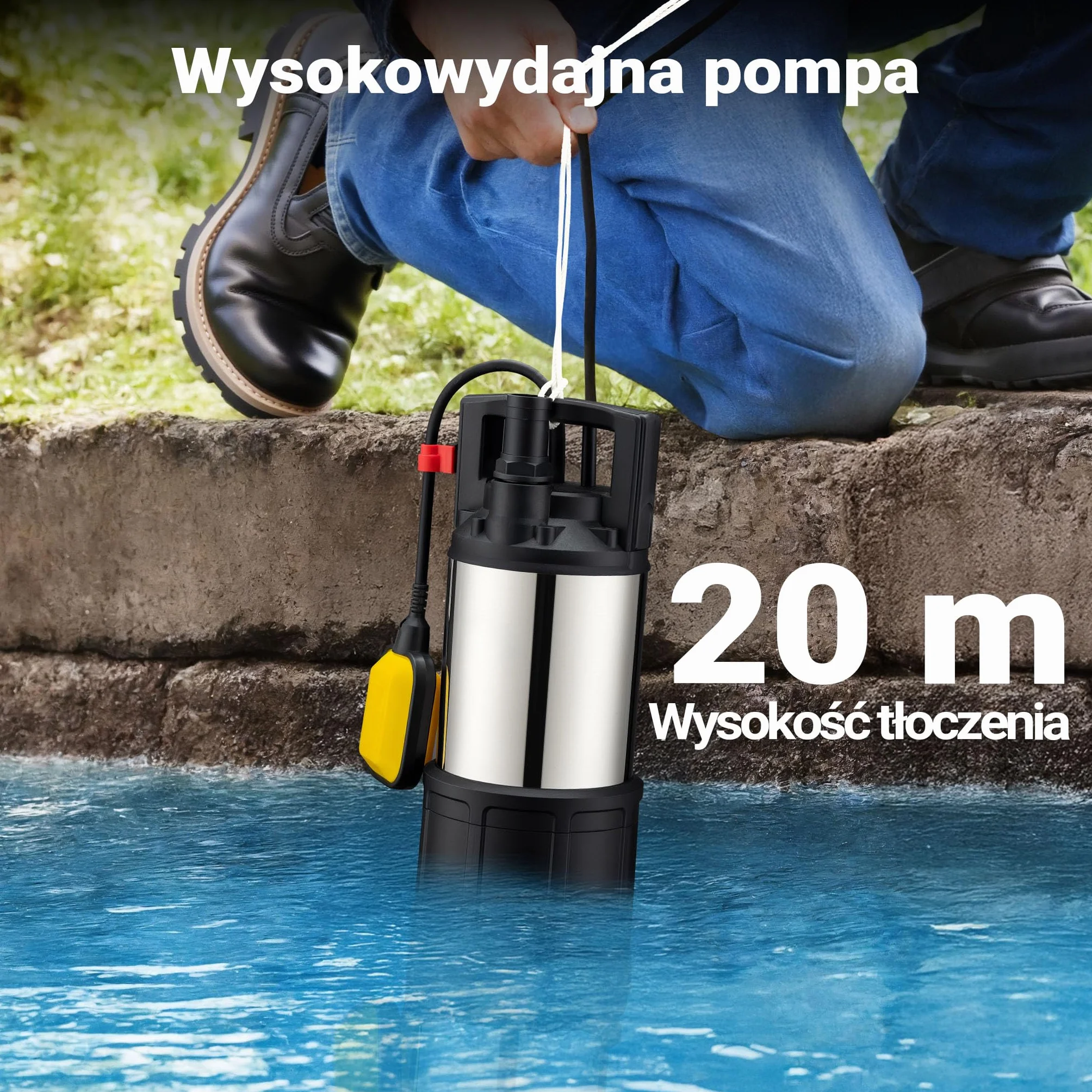 Wiltec Pompa zatapialna do wody czystej, wysokość tłoczenia 20 m, obudowa ze stali nierdzewnej, 850 W z przepływem 5000 l/h, do pompowania z basenów i deszczówki