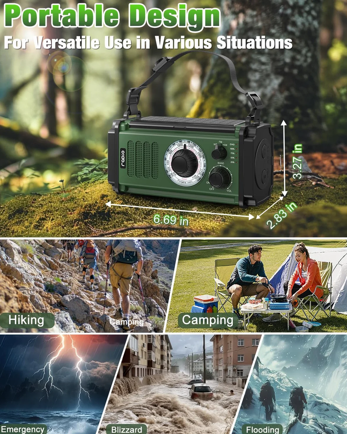 Radio awaryjne 10000 mAh/37000mWh, radio słoneczne, korba ręczna, radio pogodowe NOAA AM FM, 4 metody ładowania, bateria polimerowa, latarka i lampa do czytania, alarm SOS, ładowarka do telefonu w