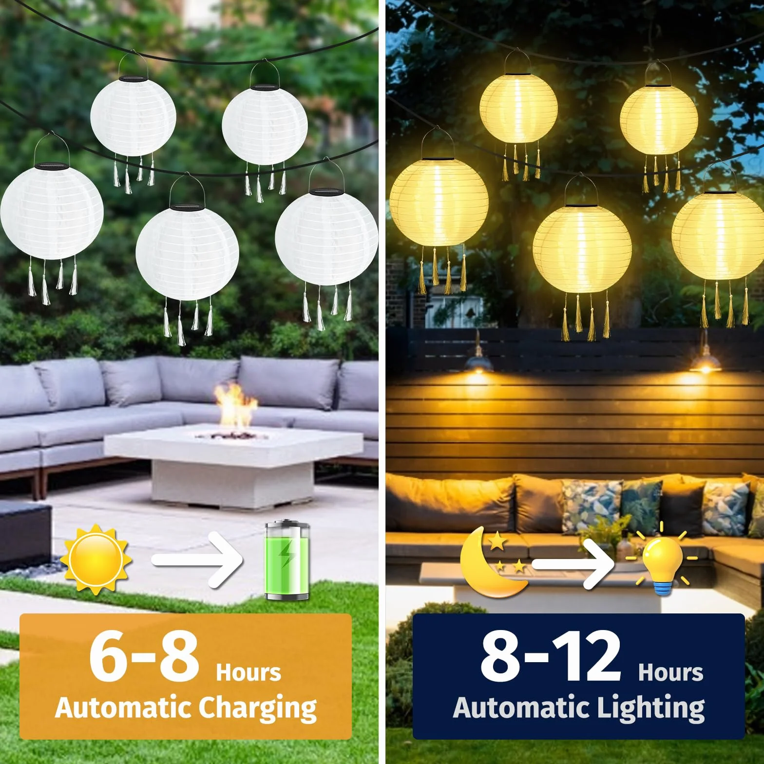 Lampiony solarne LED, 2 sztuki, 25 cm, odporne na warunki atmosferyczne, solarne LED, wodoszczelne latarnie z 4 frędzlami, nylonowe, wiszące lampiony solarne do ogrodu, na podwórko, balkon