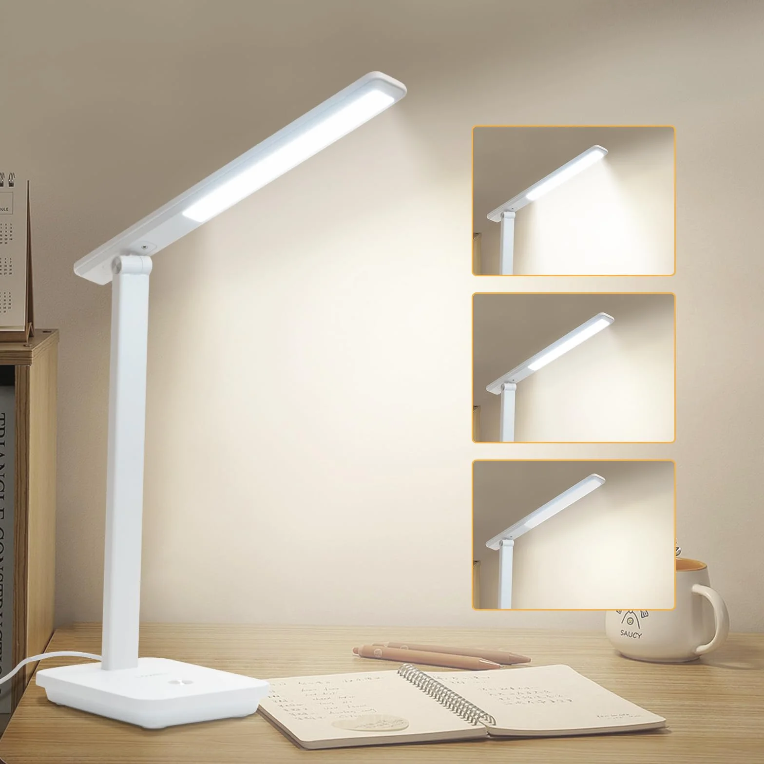 LQWELL® Lampa Biurkowa LED Odłączana, 3 Poziomy Jasności, Możliwość Przyciemniania, Lampa Stołowa Do Domowego Biura, Obrót Od 0° Do 180°, 6500 K (Biały)
