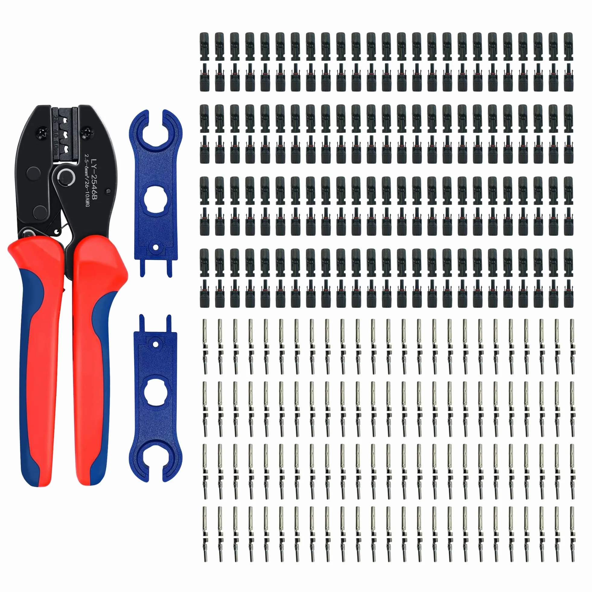 SOLARTRONICS Zestaw szczypiec zaciskowych do kabla solarnego 2,5, 4, 6 mm², 100 par męskich / żeńskich wtyczek solarnych, kluczy napinających i szczypiec, wodoszczelność IP67, narzędzie do zaciskania