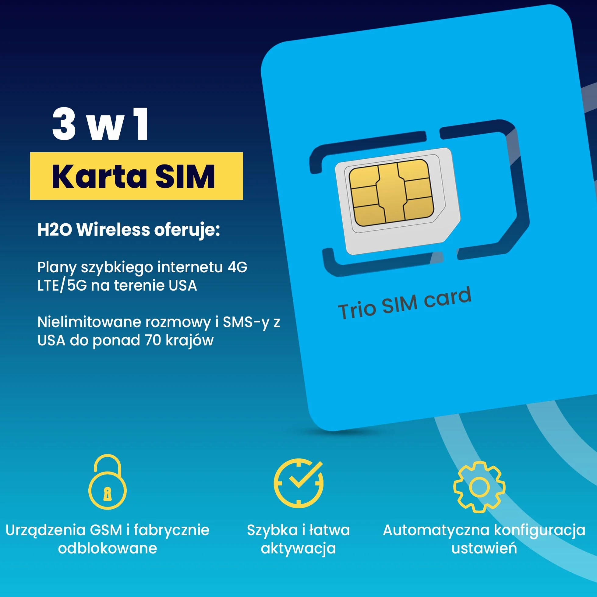H2O Wireless Przedpłacona Fizyczna Karta SIM USA na 90 Dni - 10GB Szybkiego Internetu 4G LTE/5G + 5GB Hotspotu, Nielimitowane Dane, Rozmowy i SMS-y do Ponad 70 Krajów, Karta SIM do Telefonu