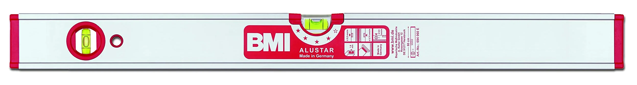 BMI Aluminiowa poziomica aluminiowa z magnesem (80 cm długości, bezkrawędziowa libelka pozioma z efektem lupy, wysoka dokładność pomiaru 0,5 mm/m, z gumowymi zaślepkami) 694080EM