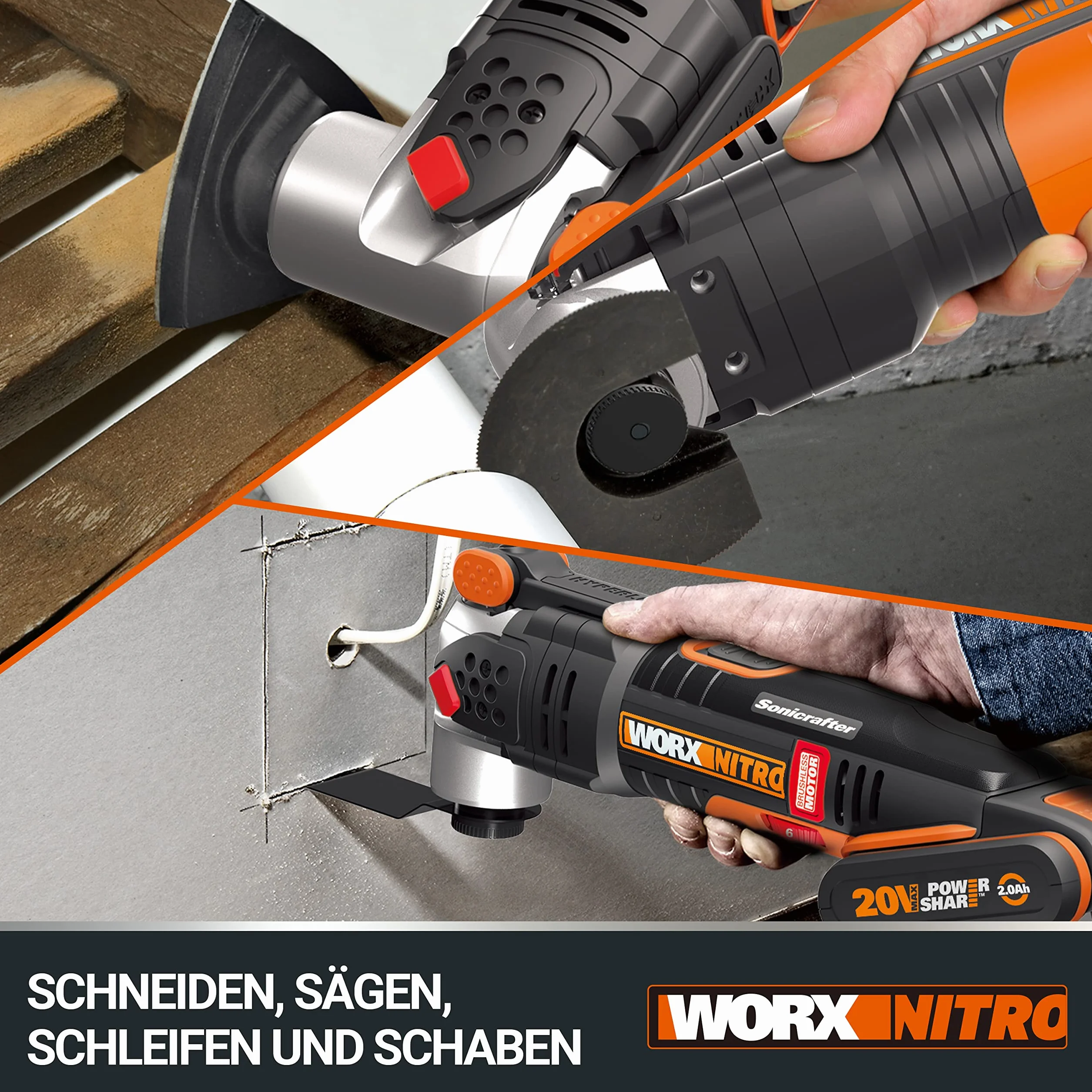 WORX WX693.9 Nitro Sonicrafter Akumulatorowe Narzędzie Wielofunkcyjne 20V, Silnik Bezszczotkowy, do Cięcia, Polerowania, Piłowania, do Obróbki Różnych Materiałów, bez Akumulatora i Ładowarki