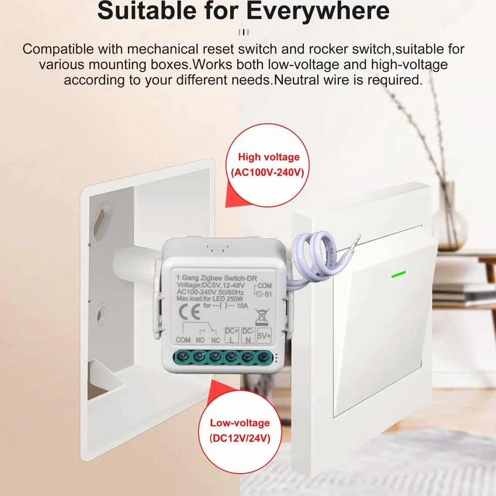 ZigBee inteligentny bezprzewodowy moduł przekaźnikowy z przełącznikiem stykowym na sucho, DC 12/24 V AC 100-240 V, kompatybilny z Alexa Google (1)