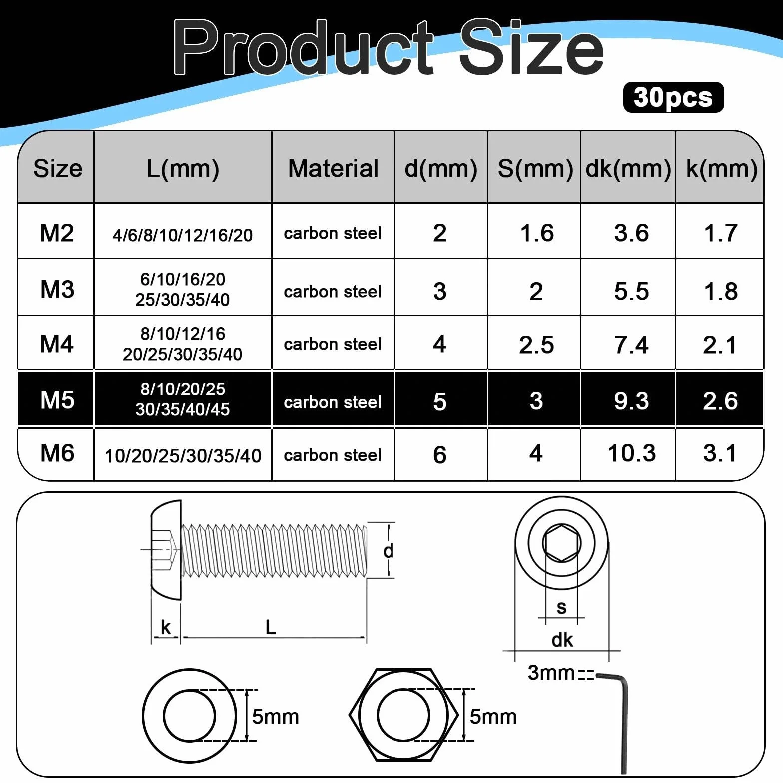 30 sztuk śrub z łbem soczewkowym M5 x 45 mm, z łbem sześciokątnym, ISO 7380, śruby sześciokątne, czarne, ze stali węglowej, śruby z łbem okrągłym z nakrętkami, podkładkami, kluczem imbusowym