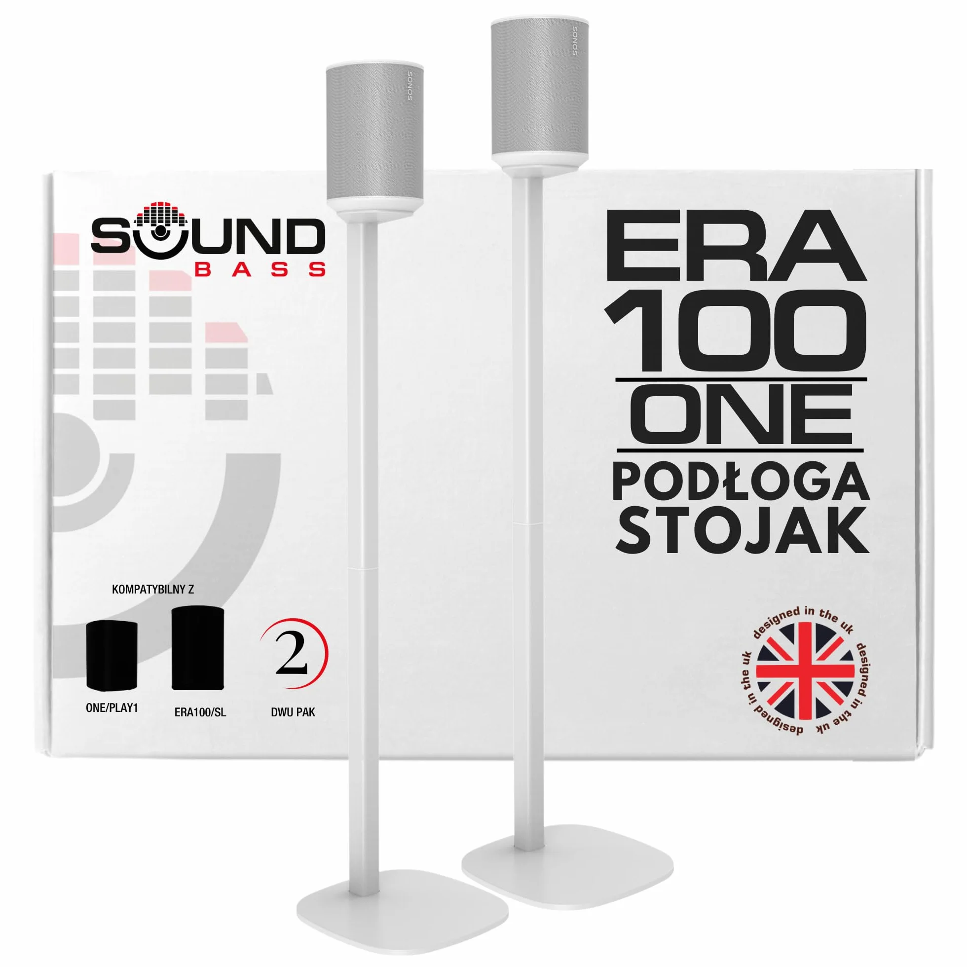 Sound Bass ERA 100 Stojak Podłogowy, Zestaw Podwójny (2 szt.), Kompatybilny z Sonos ERA100, ERA 100 SL, Sonos ONE i Play:1, Akcesoria w Zestawie, Zaprojektowany w Wielkiej Brytanii, Biały
