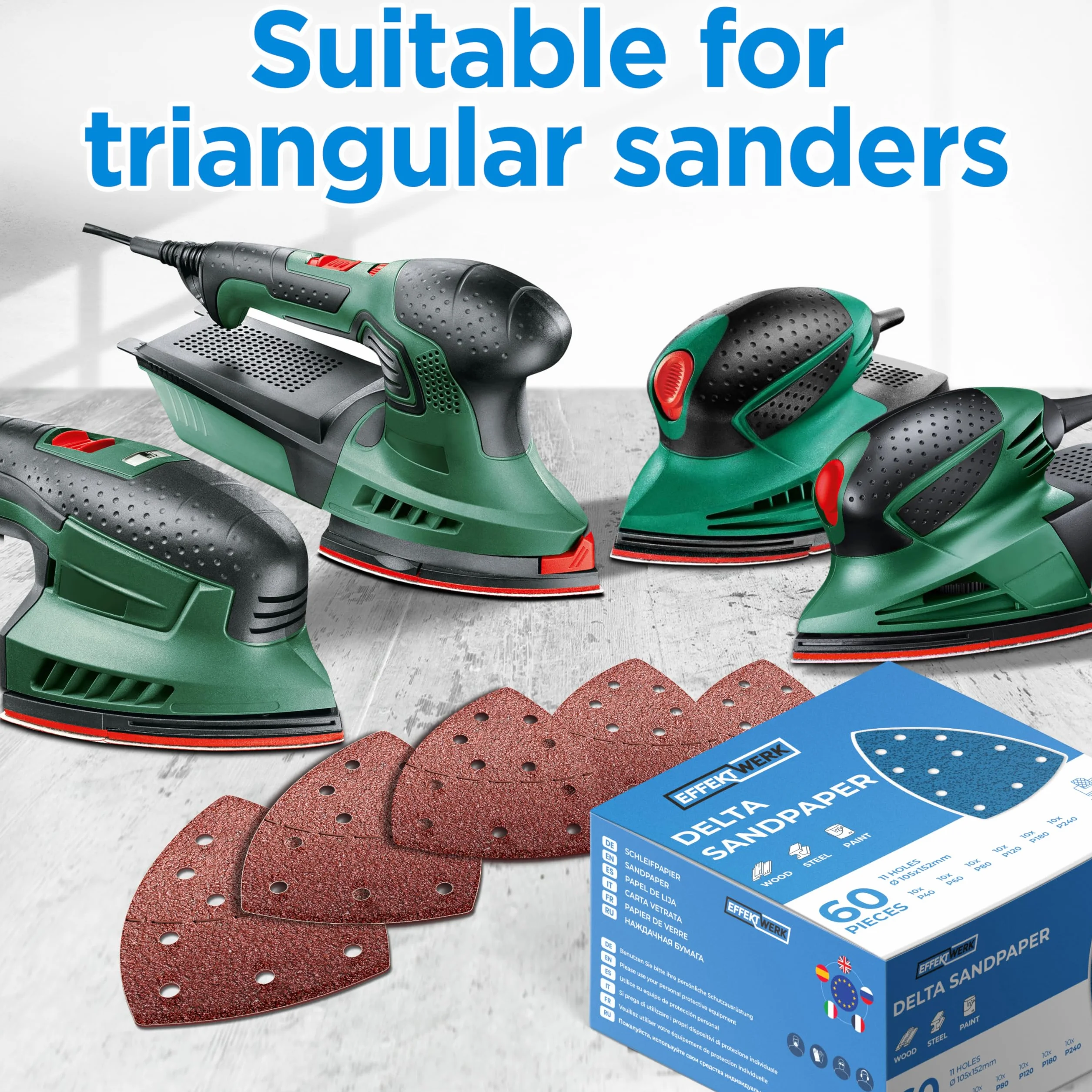 Delta Sandpapers - 120 Pack, 11 Holes - 105 x 152mm Triangle Sanding Pads for Triangular Sanding Machines - Multiple Grit Size (40, 60, 80, 120, 180, 240)