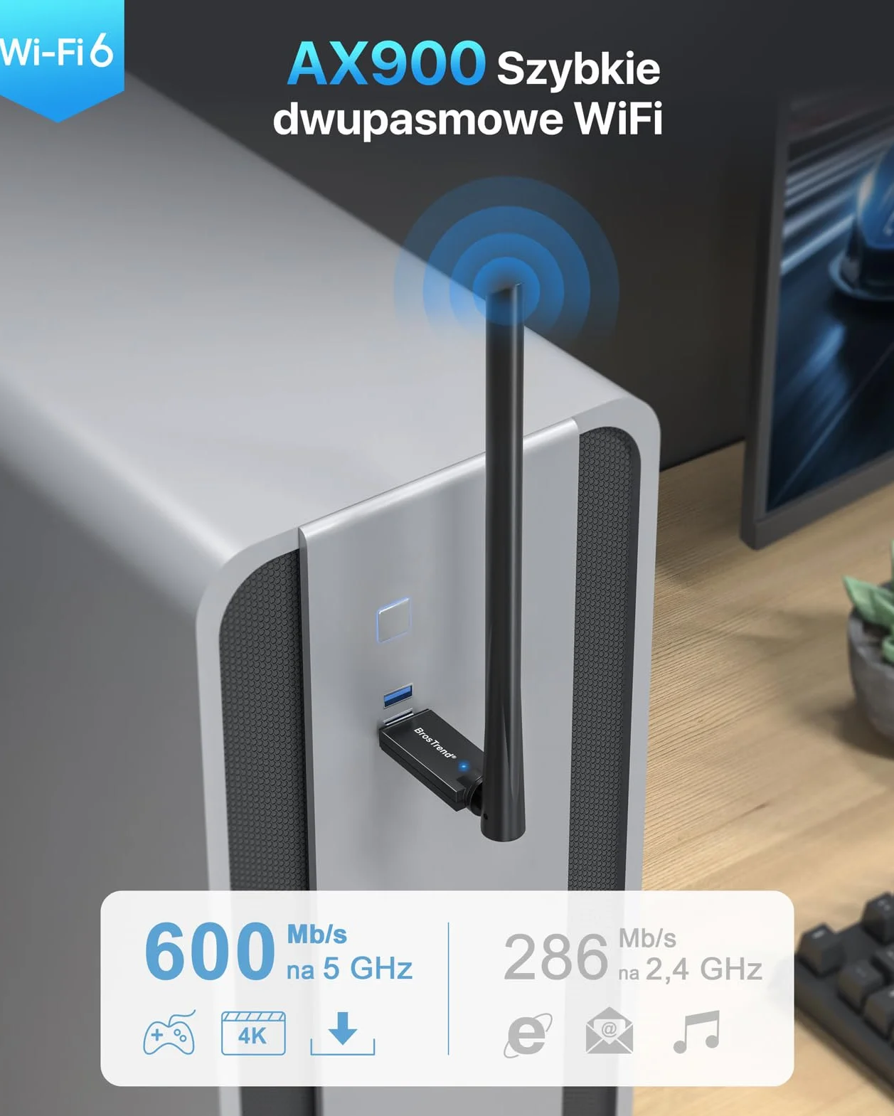 BrosTrend AX900 USB WiFi 6 Adapter do PC Laptop, klucz sprzętowy WiFi o dużym zasięgu, Antena o wysokim wzmocnieniu 6dBi, dwuzakresowy 5 GHz + 2,4 GHz, adapter bezprzewodowy do systemu Windows 11/10/7