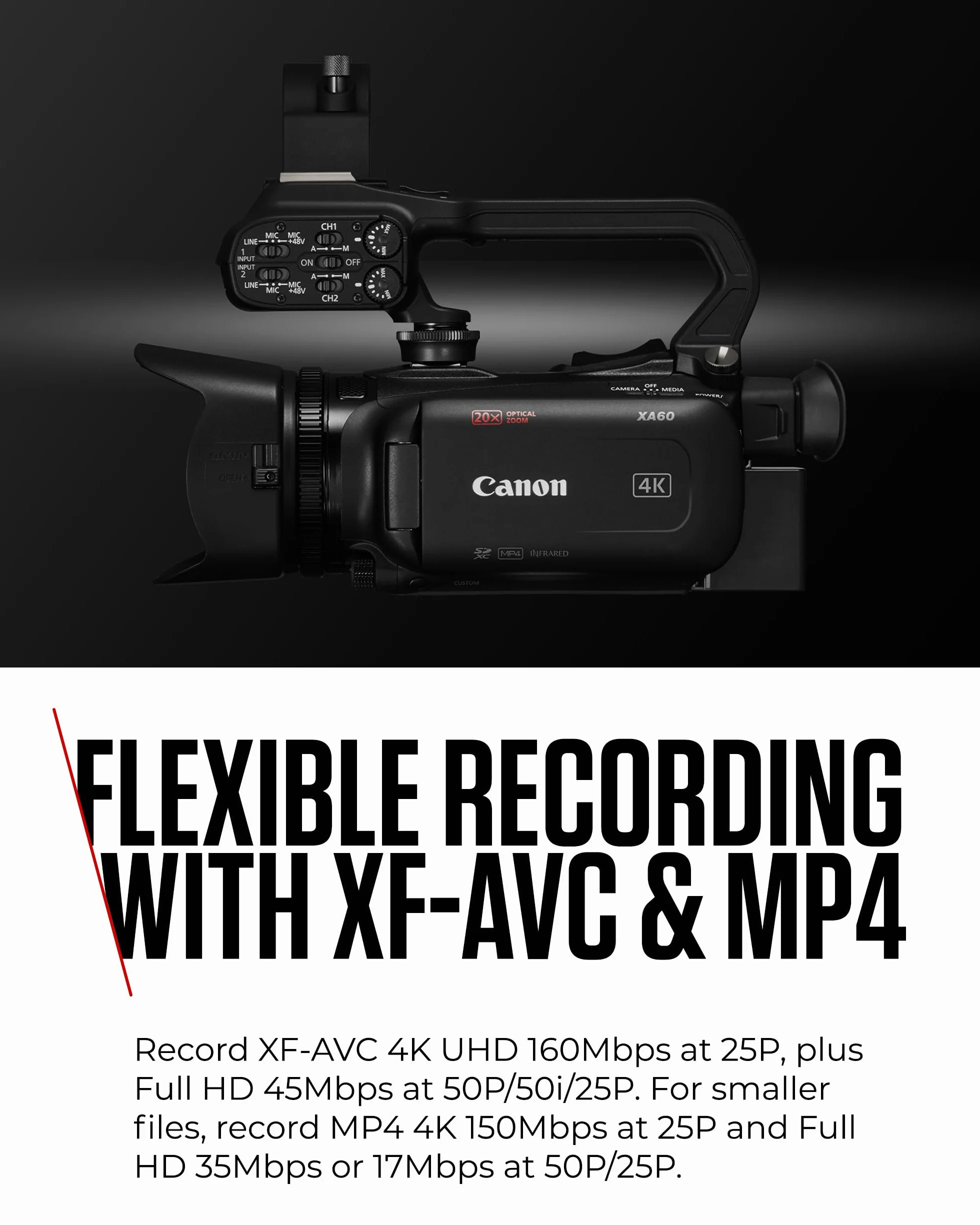 Canon XA60 4K Full HD (kamera UHD Zoom 20x, czujnik CMOS typu 1/2,3, automatyczna ostrość, 5-osiowa stabilizacja obrazu, wyjście HDMI, 3,5-calowy wyświetlacz LC, transmisja UVC) Czarny