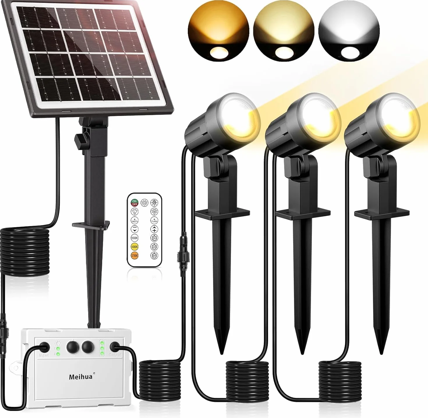 MEIHUA solarna lampa ogrodowa, 2700 K 4000K 6500K, 3 jasność, 2 tryby dynamiczne, lampa solarna, 3000 mAh, wodoszczelność IP66, solarne oświetlenie ogrodowe do ogrodów, patio, trawników, drzew 3 sztuk