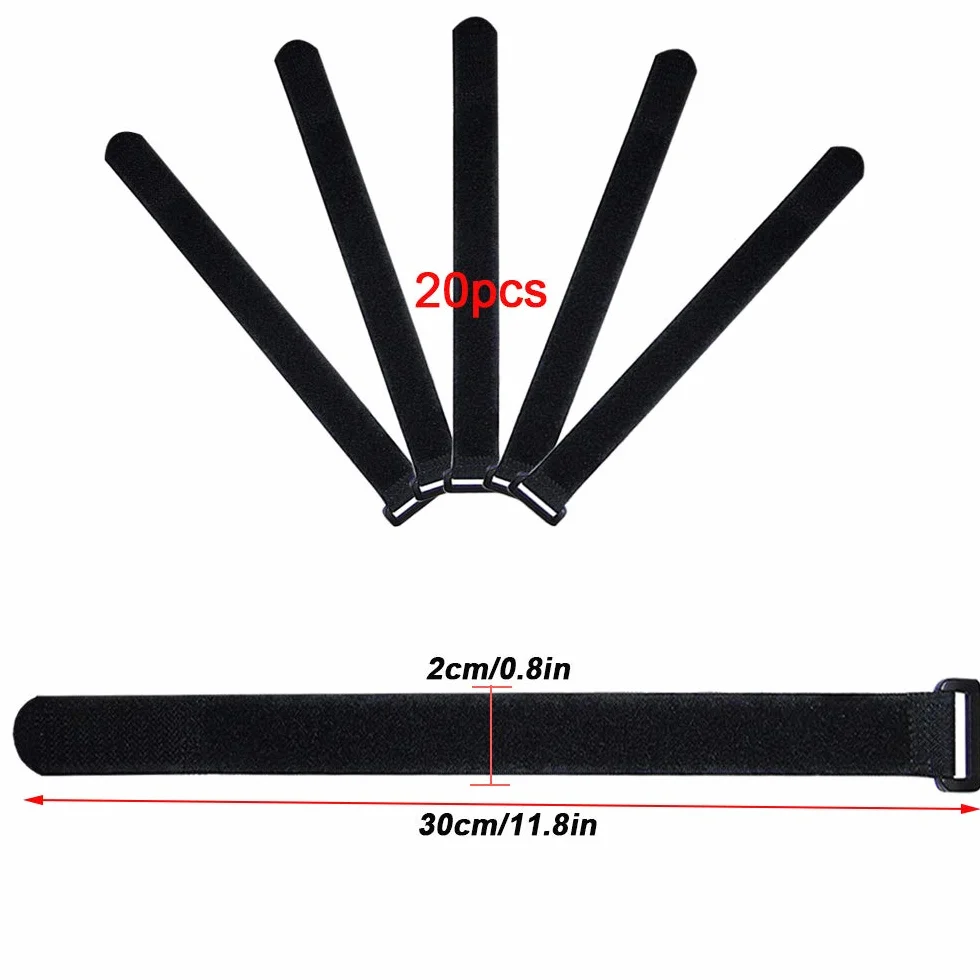 FULARR 20 szt. Premium 30 cm opaski kablowe, zestaw pasków kablowych wielokrotnego użytku, uniwersalny hak i pętla pasek, organizer drutu do kabli i zarządzania kablami - czarny