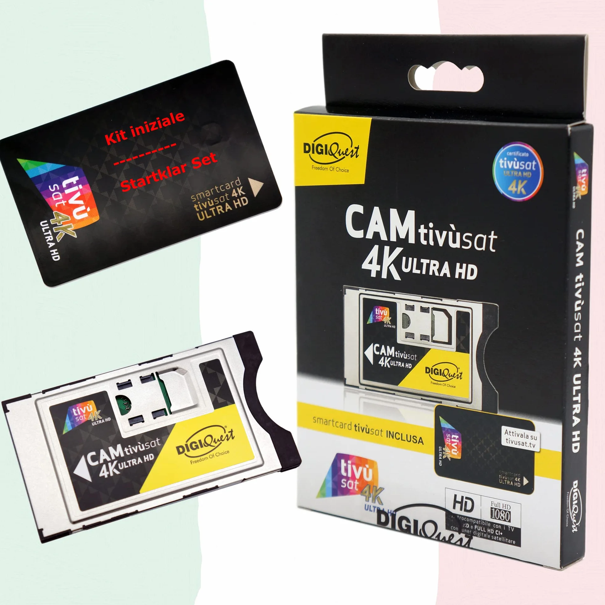 TIVUSAT Karta 4K UHD Black & EasyMouse 4K Ultra HD SmartCam DIGIQuest - moduł UHD CI+ z aktywowanym modułem TIVUSAT 4K UHD, włoskie kanały HD/4K przez satelitę Eutelsat HotBird 13,0° wschód