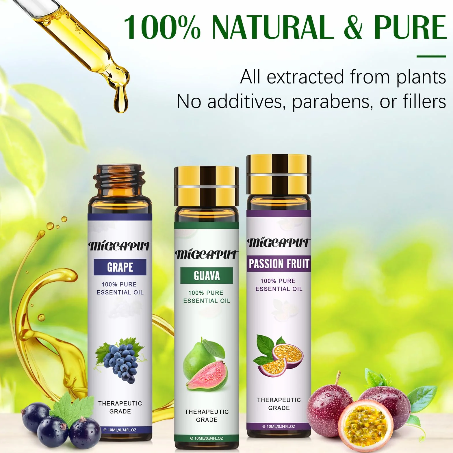 MIGCAPUT Owocowe Zestaw Olejków Eterycznych 8 x 10ML, 100% Naturalne Olejki Zapachowe do Dyfuzory, Aromaterapii, Masaż - Marakuja, Guawa, Gruszka, Brzoskwinia, Ogórek, Arbuz, Banan, Winogrono