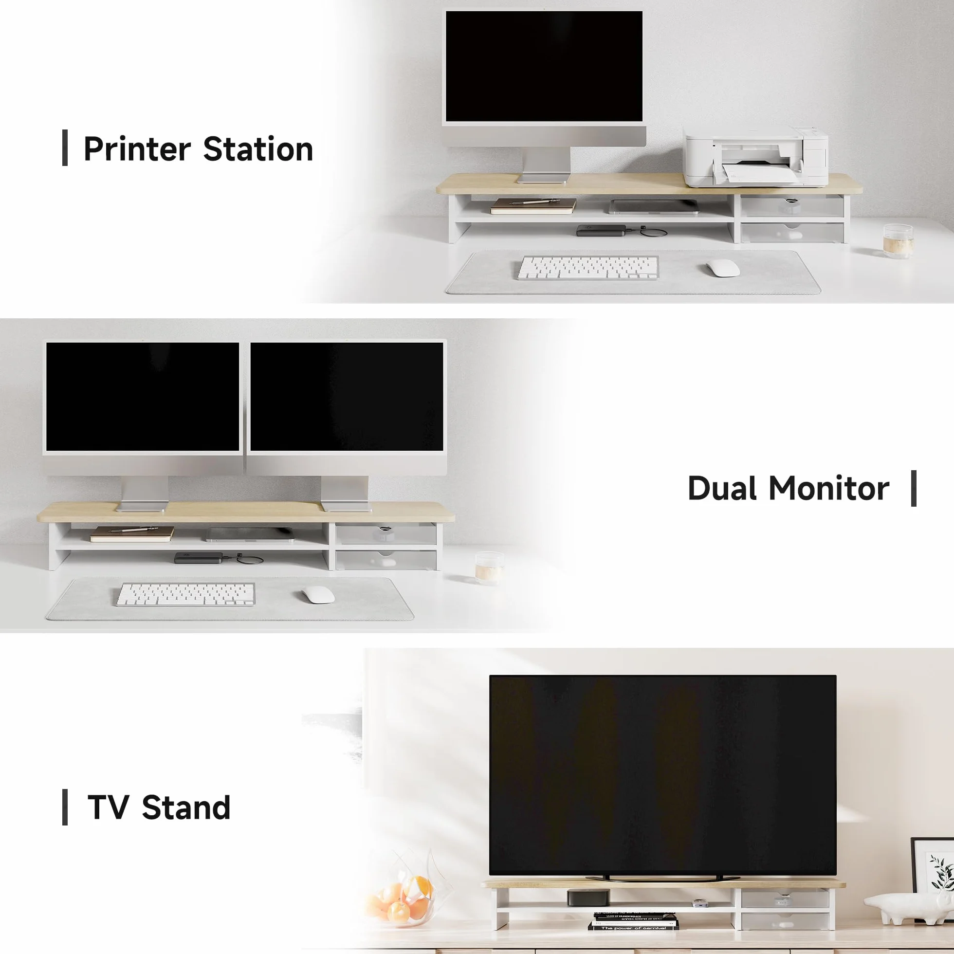 Fenge Podnośnik do dwóch monitorów 108 cm z szufladami akrylowymi dąb biały