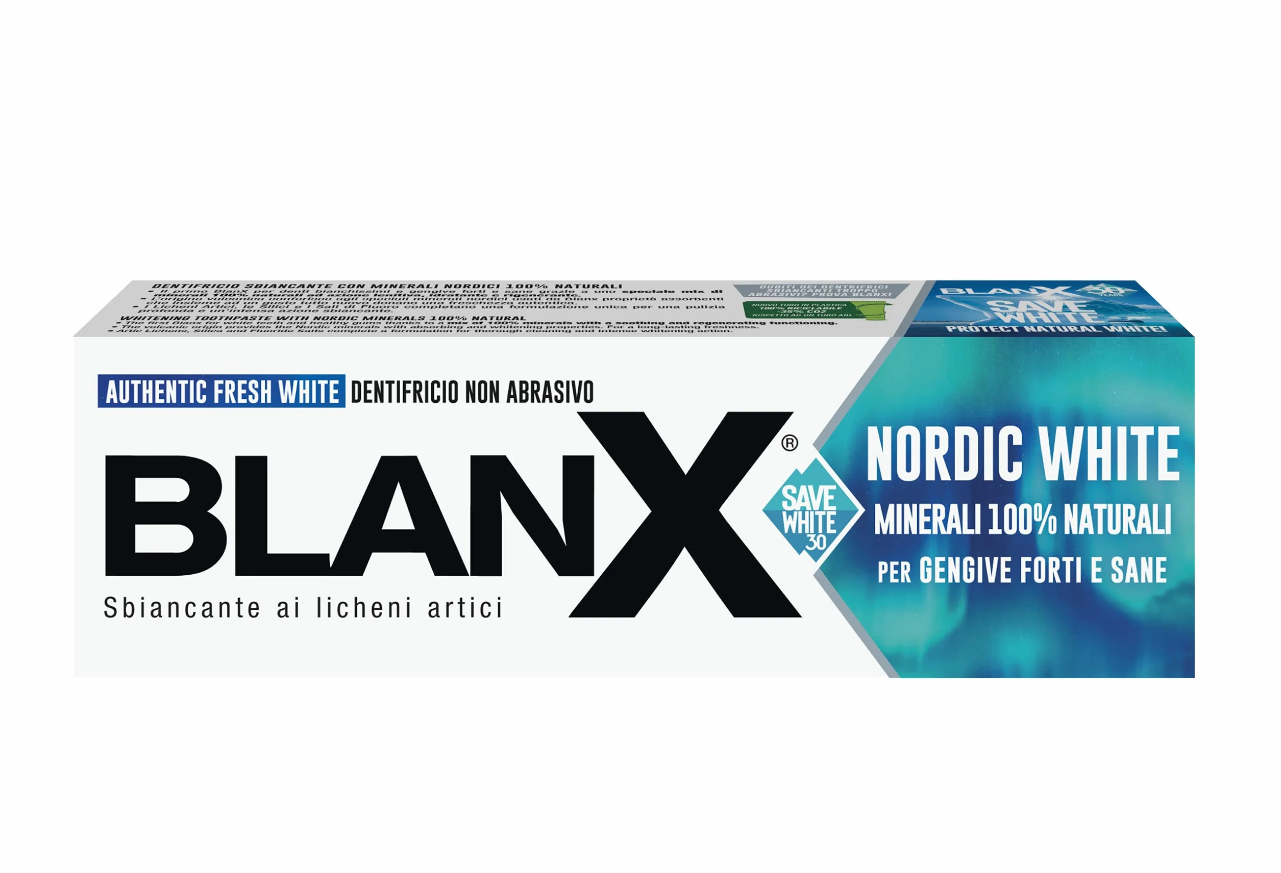 BlanX, Nordic White pasta do zębów przeciw plamom, w 100% z naturalnych włókien, uspokajająca i regenerująca, natychmiastowa świeżość, format 75 ml