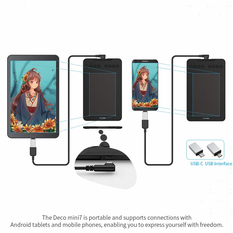 XPPen Deco Mini7 V2 tablet graficzny z długopisem bez baterii 16384 poziomów, do rysowania, OSU Play, kompatybilny z Windows/Mac OS/Android 10.0/Chrome OS