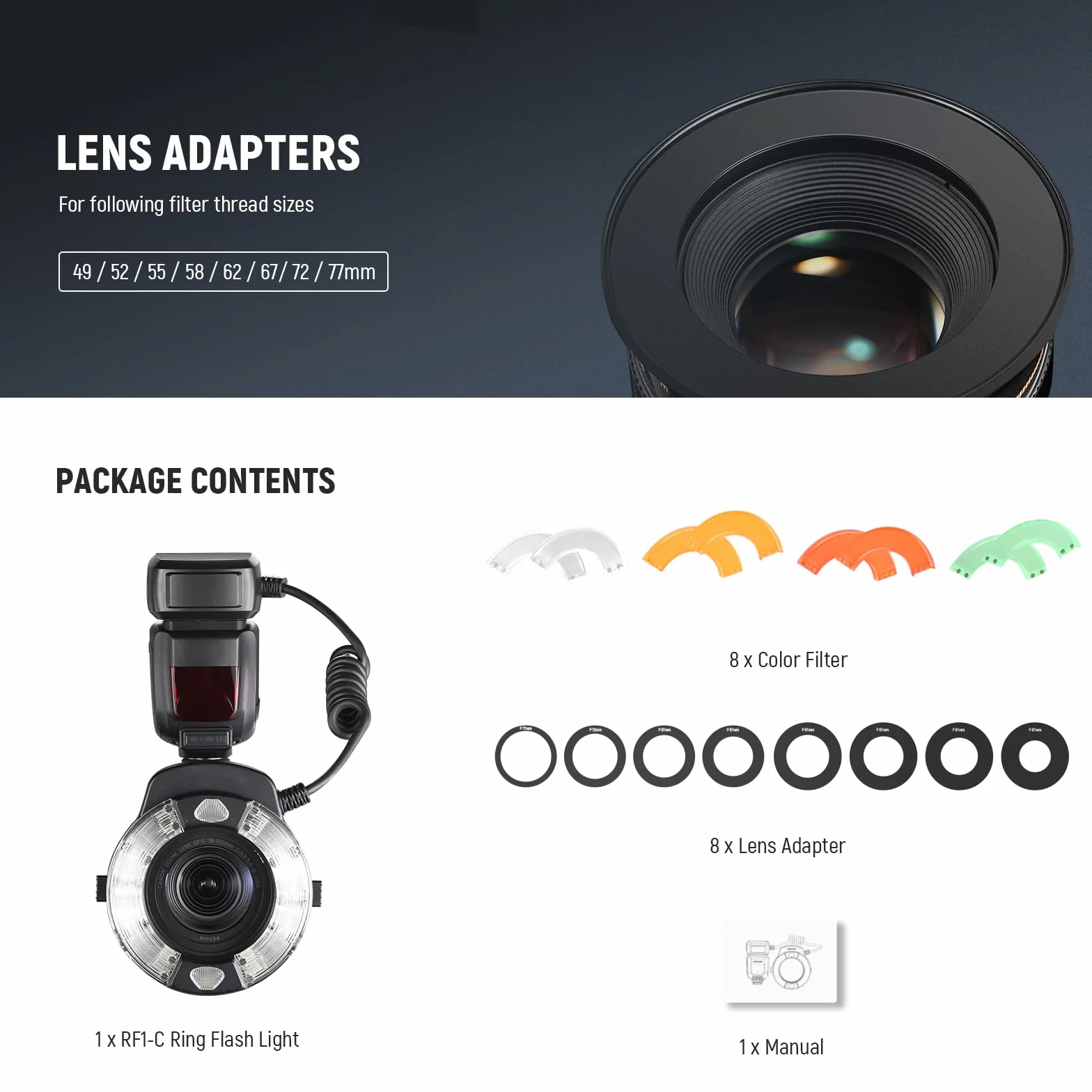 Neewer RF1-C Marco Ring Flash kompatybilny z Canon, 76Ws GN15 5600K E-TTL lampa błyskowa, wyjście 1-1/128, synchronizacja kurtyny przedniej/tylnej, kolorowe żele, pierścienie adaptera obiektywu do