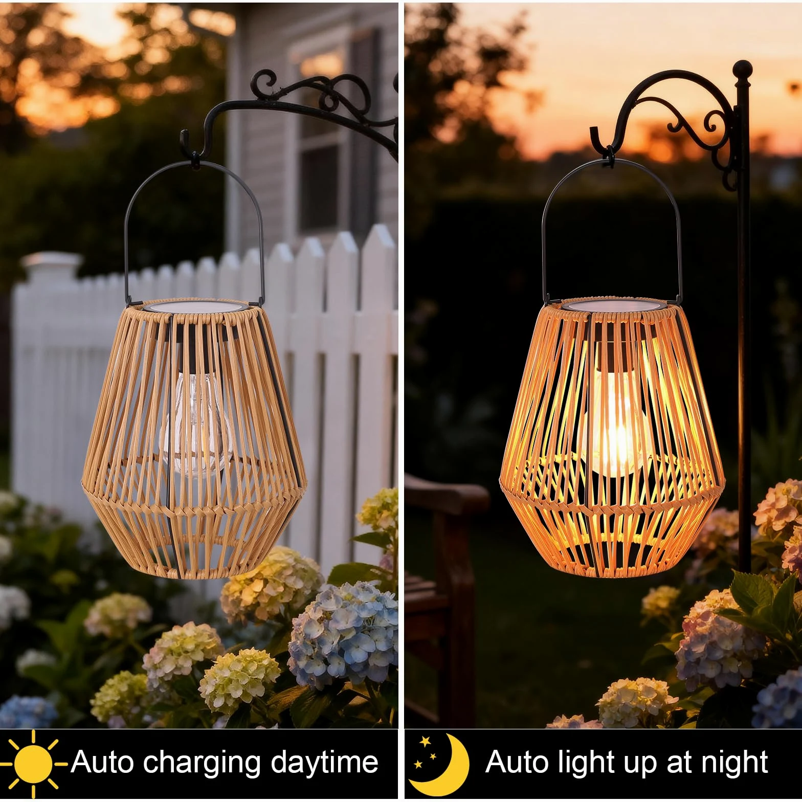 2 sztuki rattanowych lampionów solarnych, wodoodporne, rattanowe lampy solarne, wiszące lampiony, dekoracyjne, prezenty urodzinowe dla mamy, babci, lampiony zewnętrzne na werandę, patio