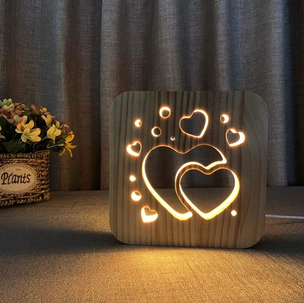 Drewniana lampka nocna kreatywna 3D rzeźbiona pusta lampa stołowa światło USB zasilanie dziecięca lampka nocna dekoracja lub prezent, 3,3 W, ciepłe białe światło