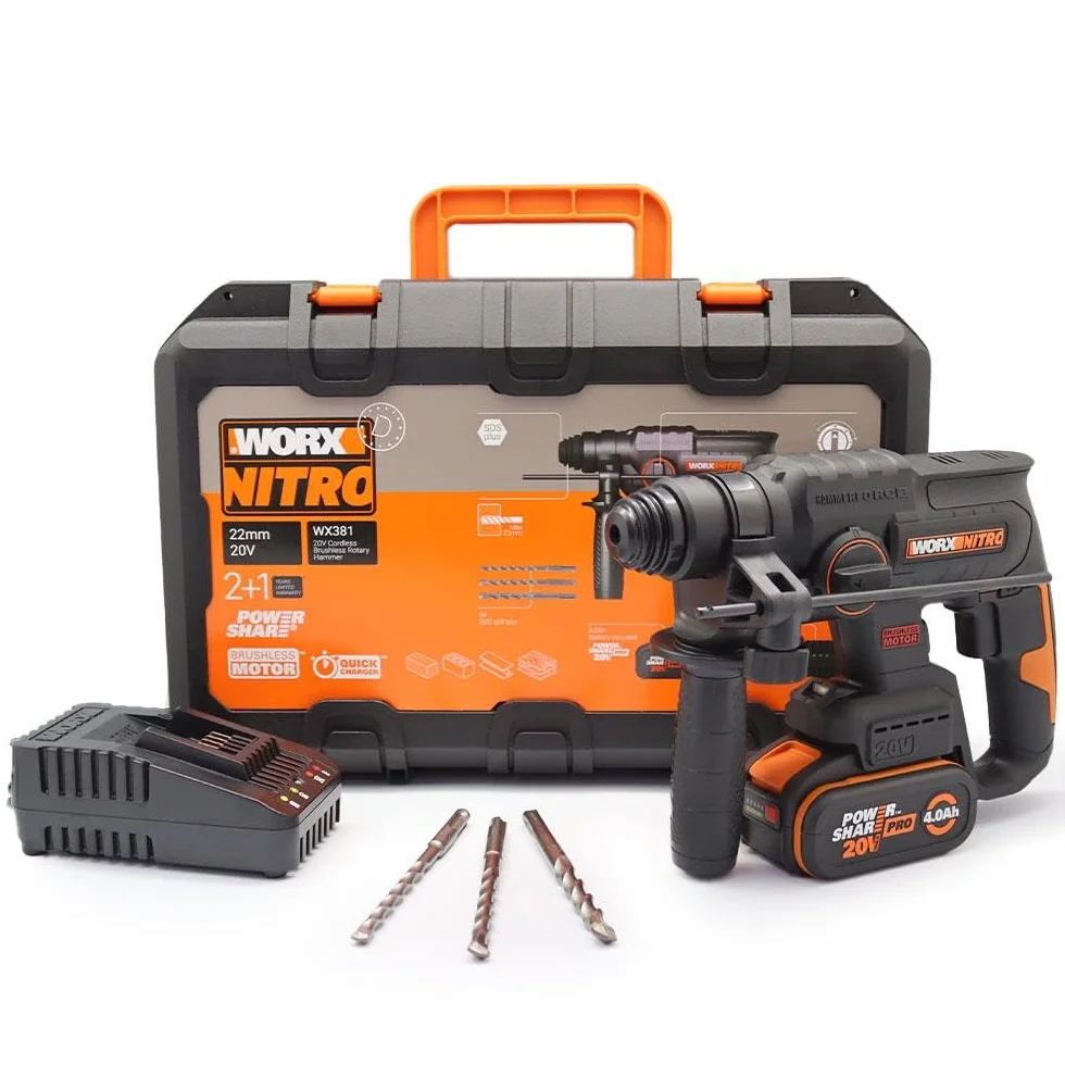 WORX NITRO WX381 akumulatorowa młotowiertarka – bezszczotkowy młotek pneumatyczny 20 V do wiercenia, młotowiertarki i dłutowania – energia udaru 2 dżula z akumulatorem i ładowarką