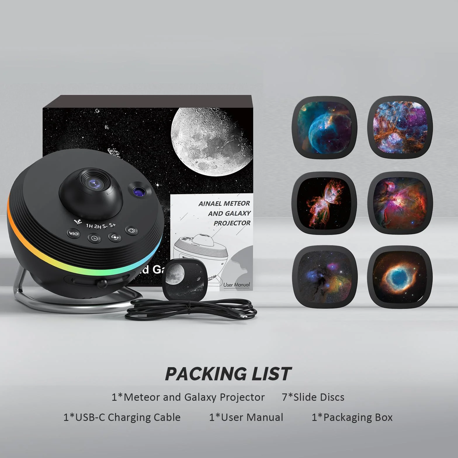 Galaxy Projector, Star Projectors Home Planetarium Space Ceiling Starry Sky Night Light with Light Strip, Meteor and Galaxy Projector & 7PCS Discs for Kid Adult Gift (Black)