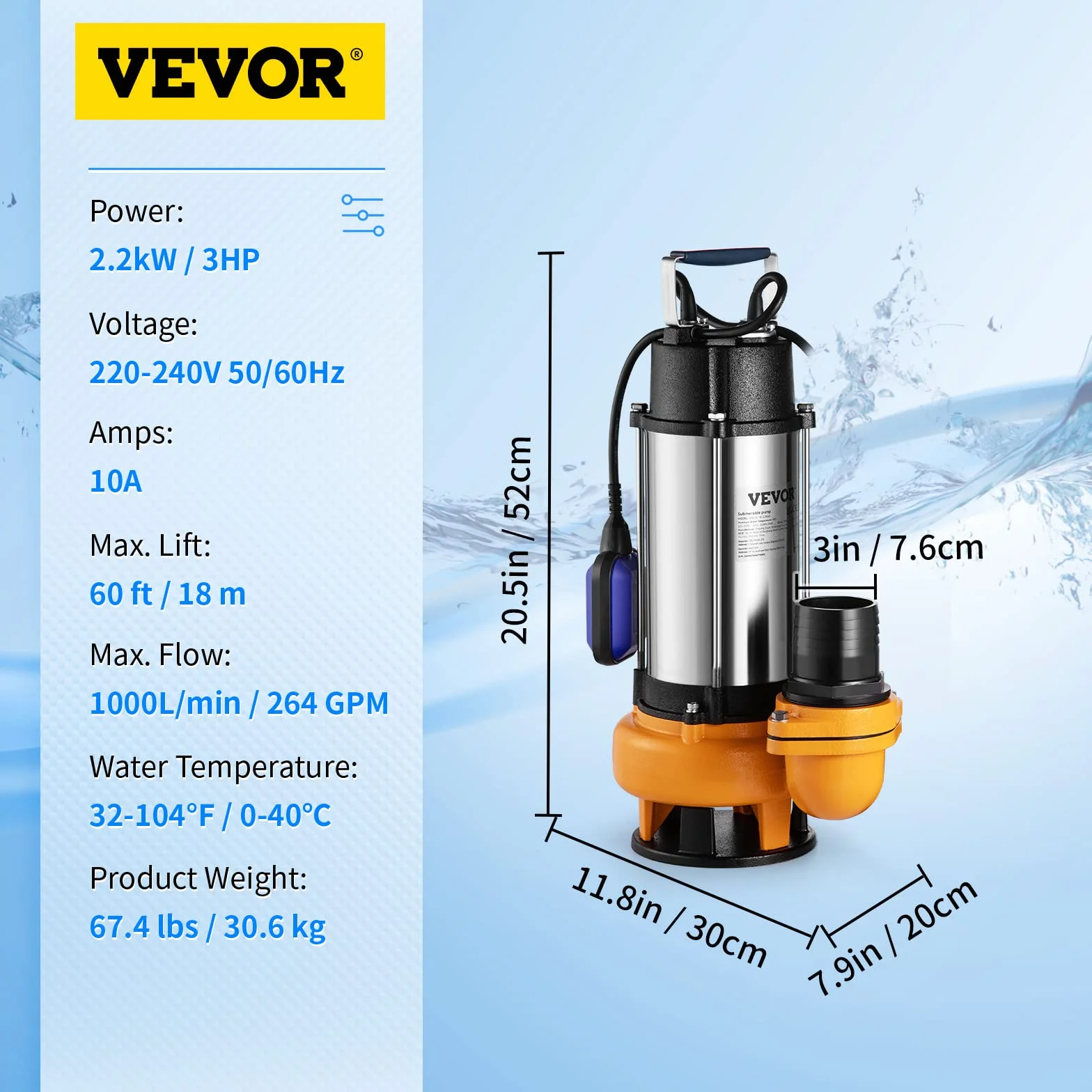 VEVOR 2200 W 3HP, zatapialna pompa do ścieków, maksymalny przepływ 1000 l/min, pompa brudnej wody maksymalne podnoszenie 18 m do basenów, piwnic, stawów